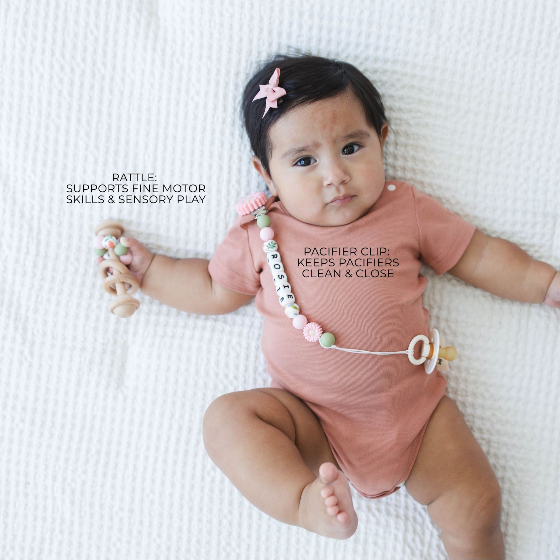 Pink Flower Pacifier Clip & Matching Rattle - itty Bitty Keepsake