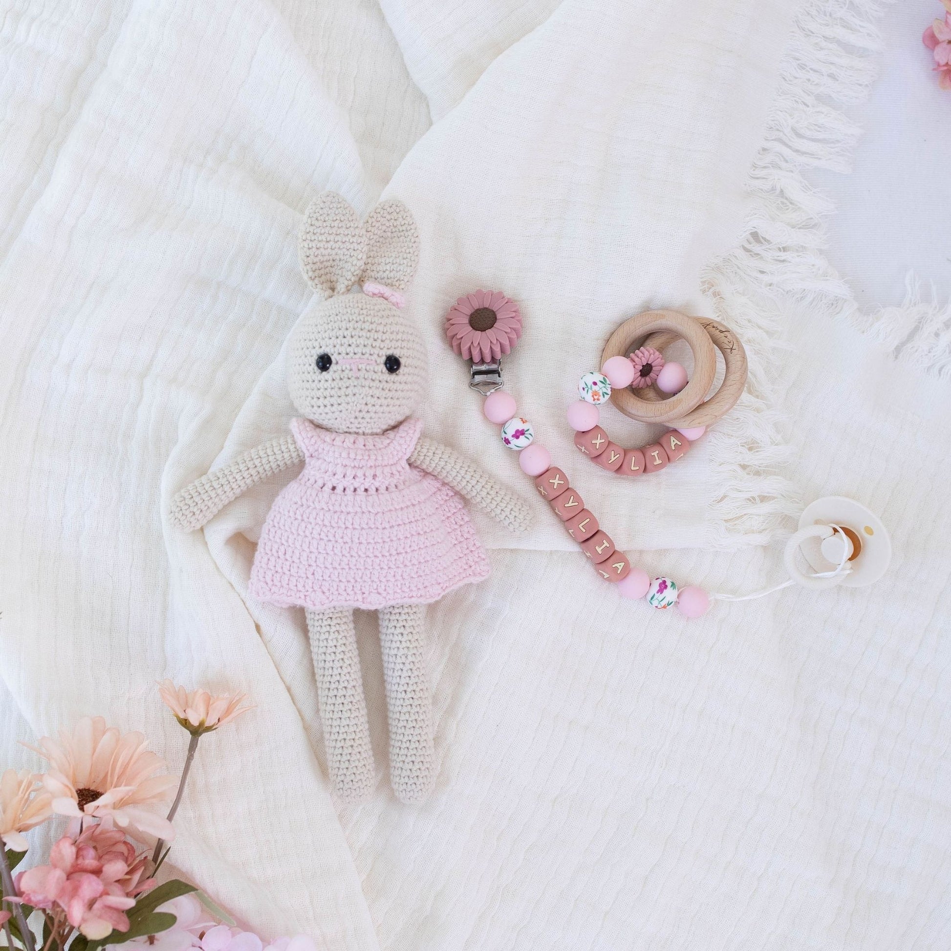 Personalized Pacifier Clip & Wooden Rattle Gift Set with Crochet Bunny - itty Bitty Keepsake