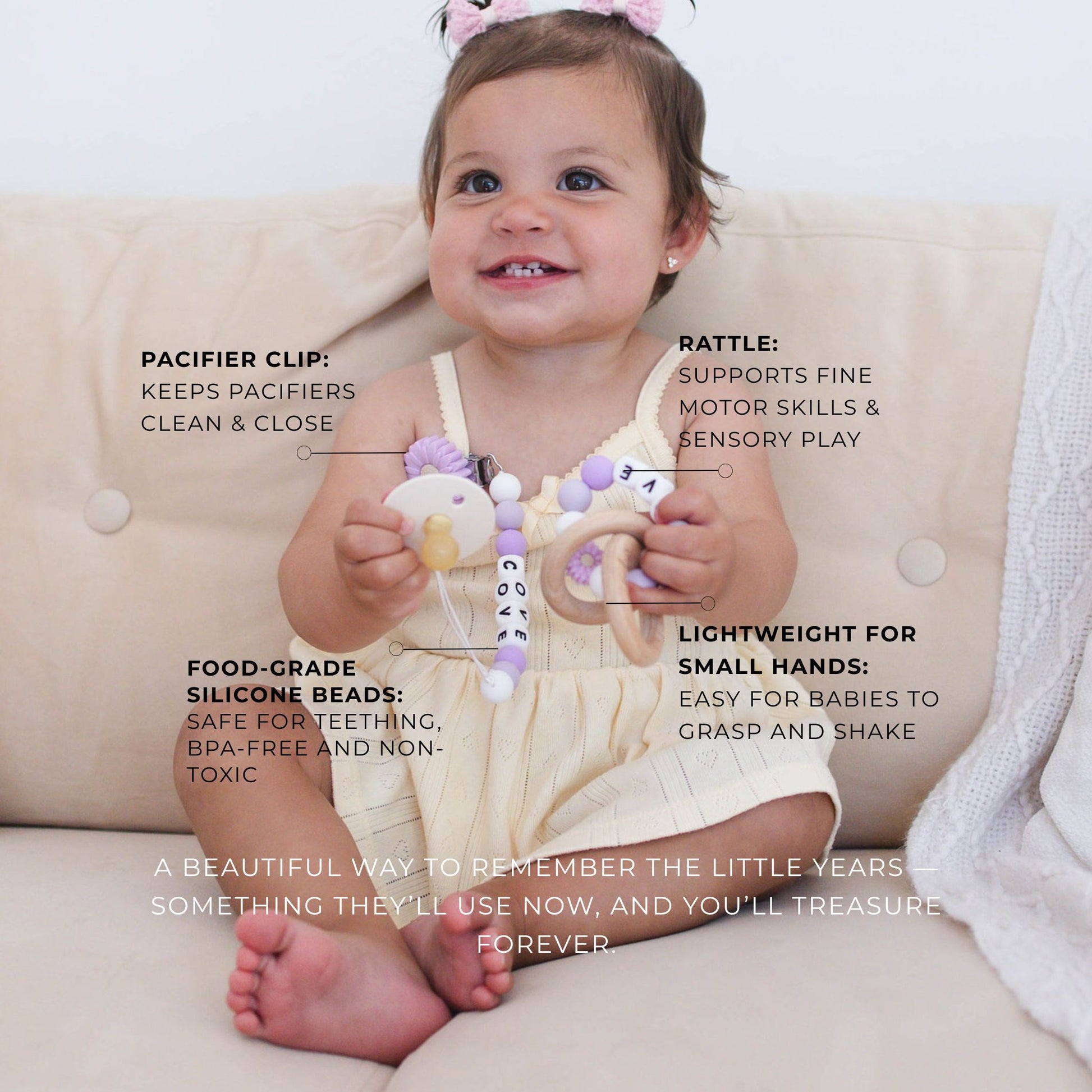 Purple flower Pacifier Clip & Matching Rattle - itty Bitty Keepsake
