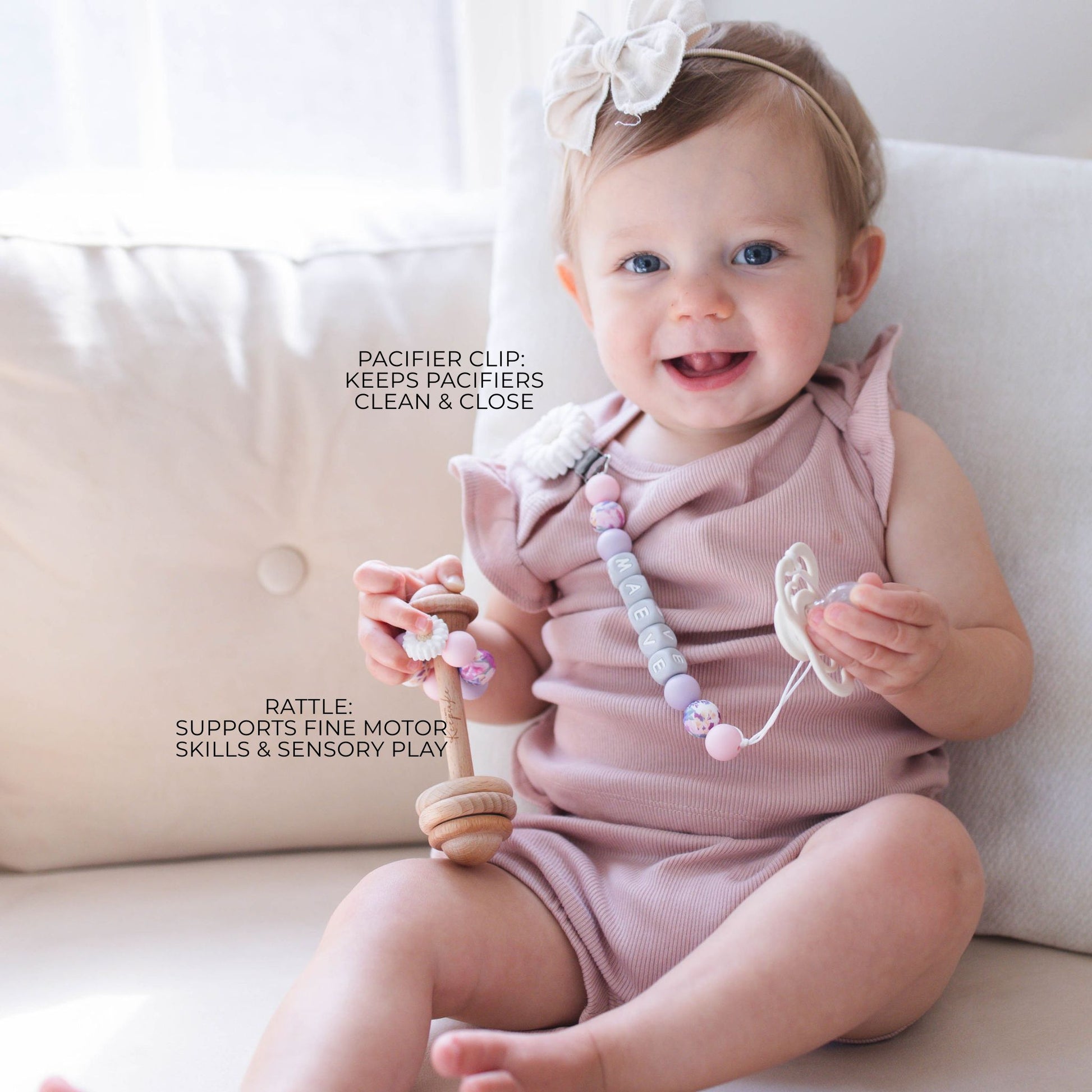 White flower Pacifier Clip & Matching Rattle - itty Bitty Keepsake