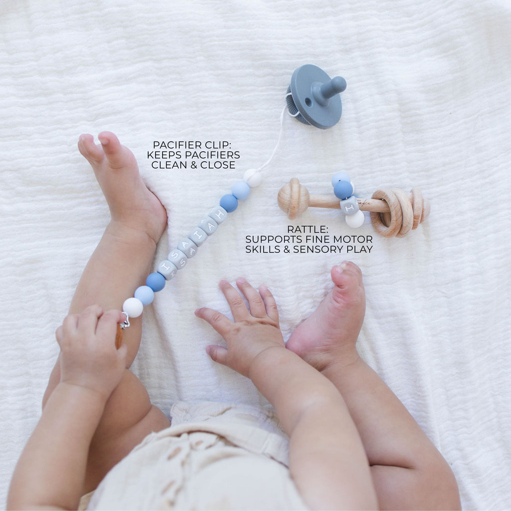 Gray Letters Pacifier Clip & Matching Rattle - itty Bitty Keepsake