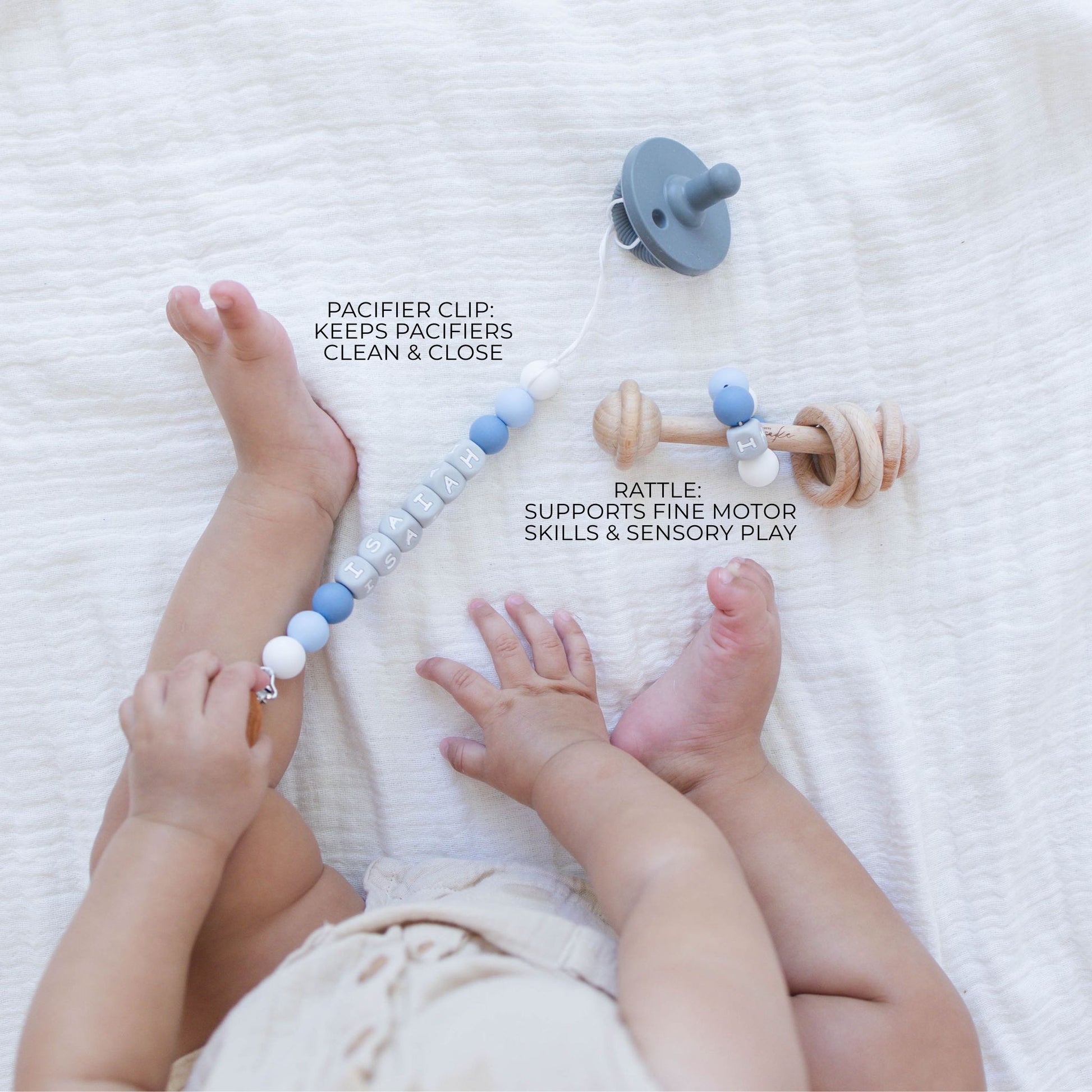 Gray Letters Pacifier Clip & Matching Rattle - itty Bitty Keepsake