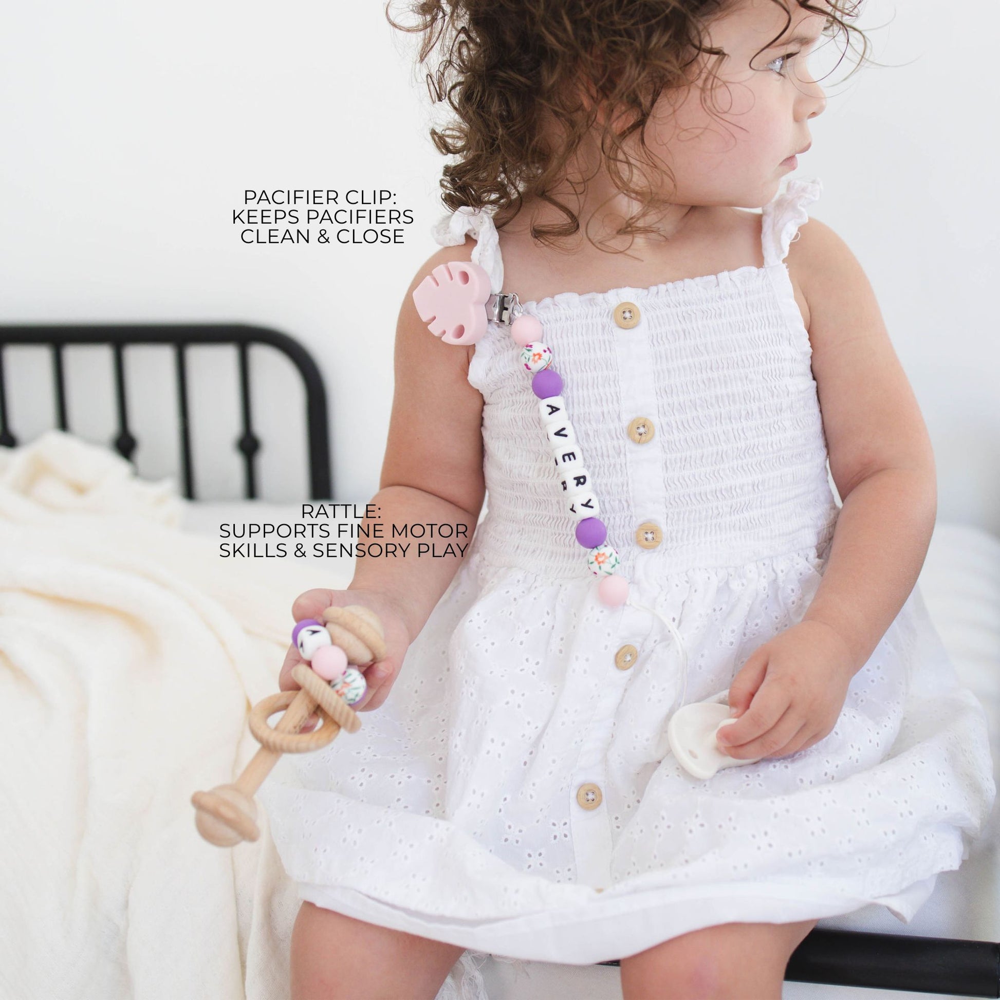 Pink Leaf Pacifier Clip & Matching Rattle - itty Bitty Keepsake