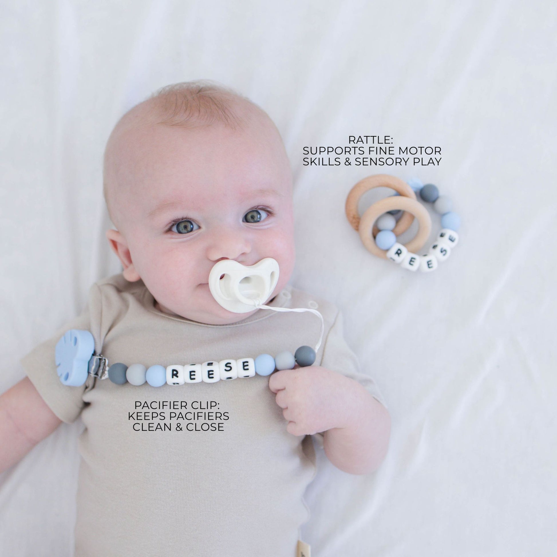 Blue Leaf Pacifier Clip & Matching Rattle - itty Bitty Keepsake