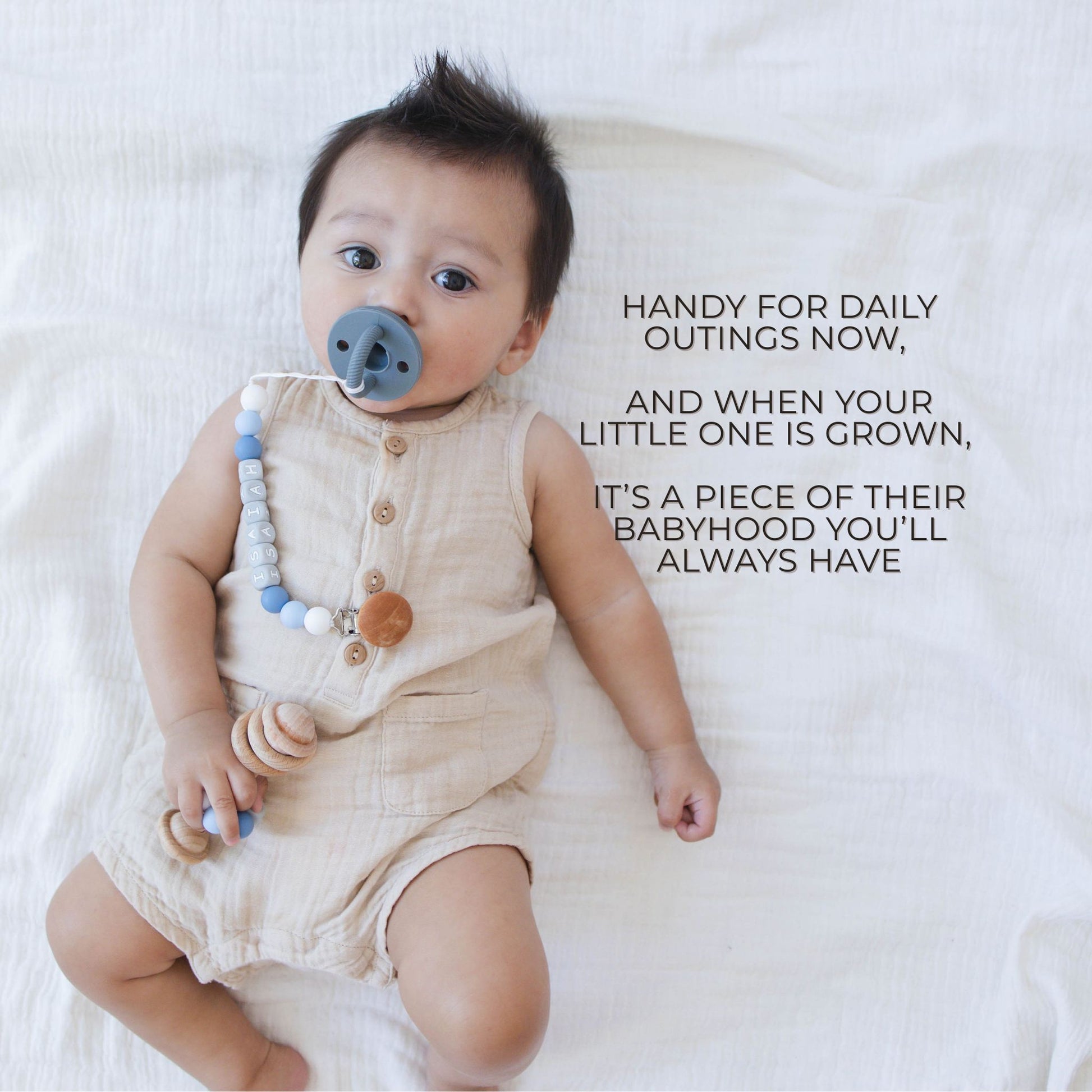 Gray Letters Pacifier Clip & Matching Rattle - itty Bitty Keepsake