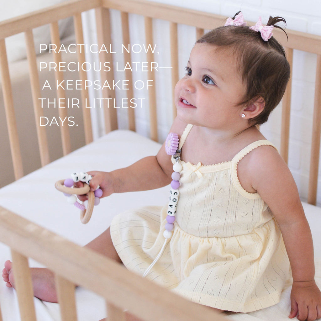 Purple flower Pacifier Clip & Matching Rattle - itty Bitty Keepsake