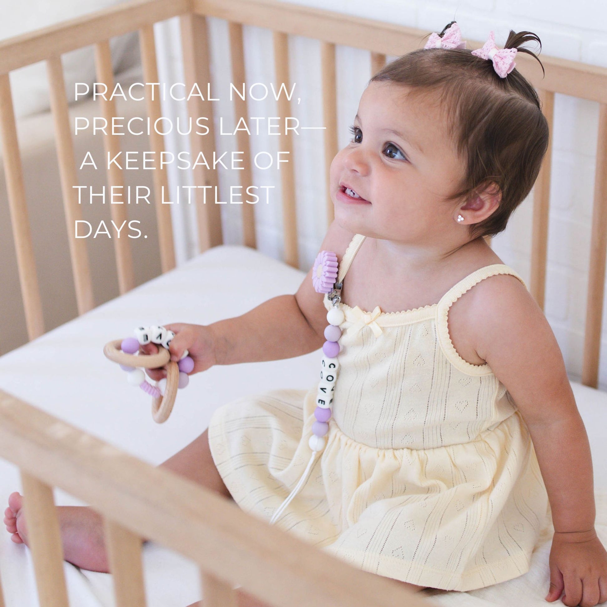 Purple flower Pacifier Clip & Matching Rattle - itty Bitty Keepsake