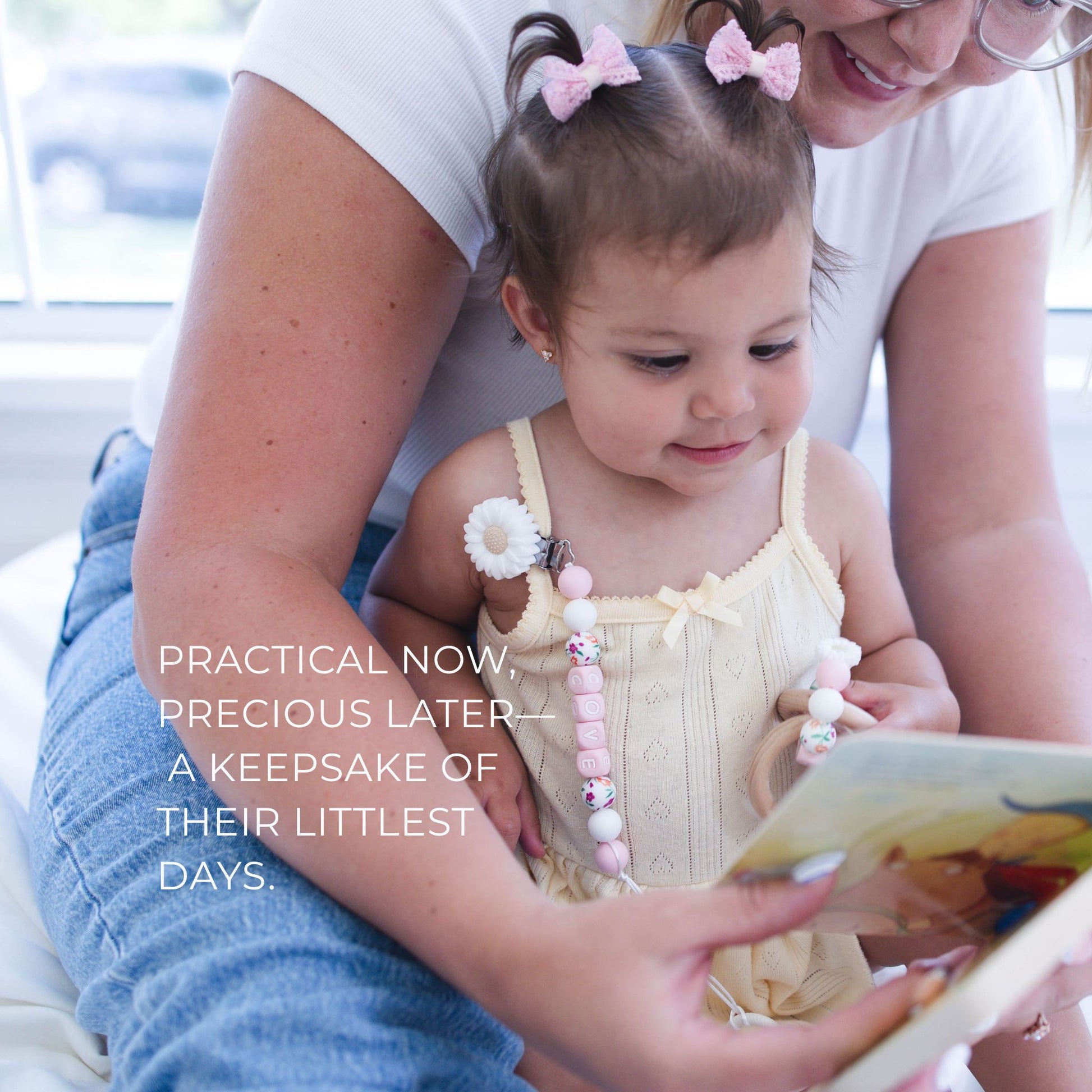 White Flower Pink Letter Blocks Pacifier Clip & Rattle - itty Bitty Keepsake