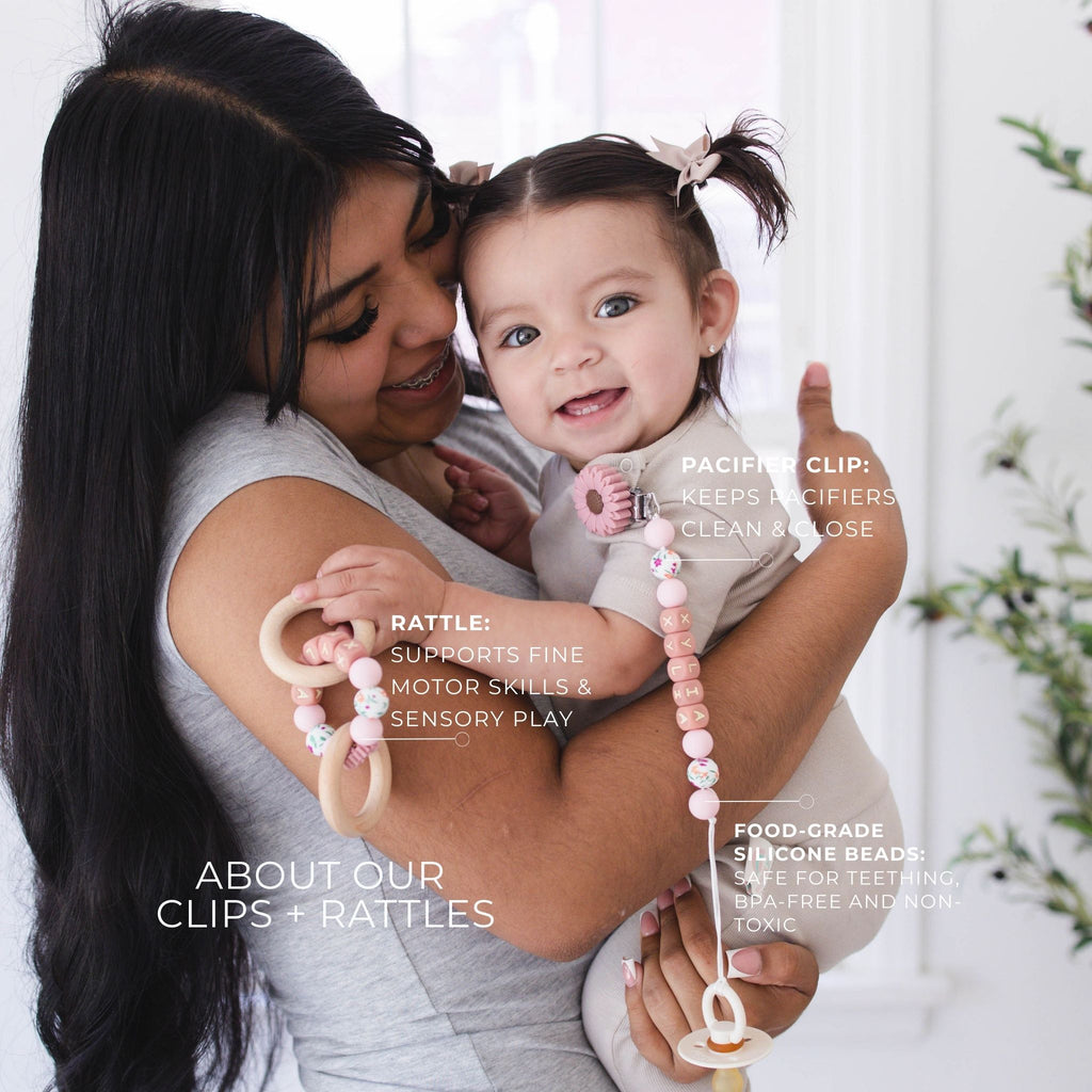 Personalized Pacifier Clip & Wooden Rattle Gift Set with Crochet Bunny - itty Bitty Keepsake