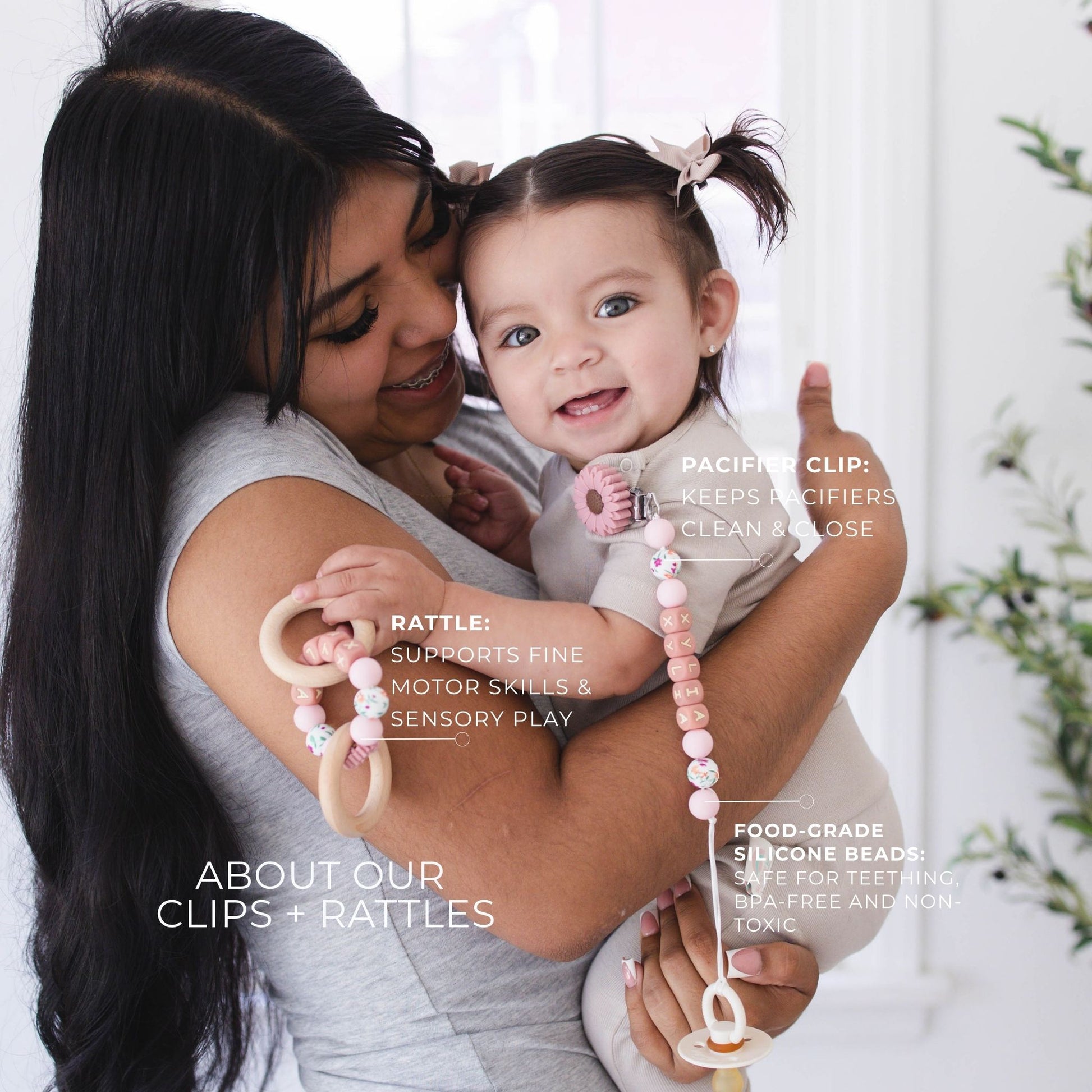 Personalized Pacifier Clip & Wooden Rattle Gift Set with Crochet Bunny - itty Bitty Keepsake
