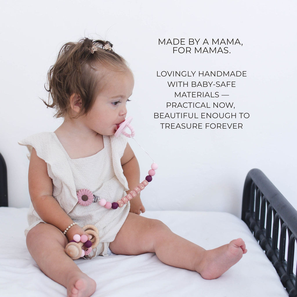Dark Pink Flower Pacifier Clip & Rattle - itty Bitty Keepsake