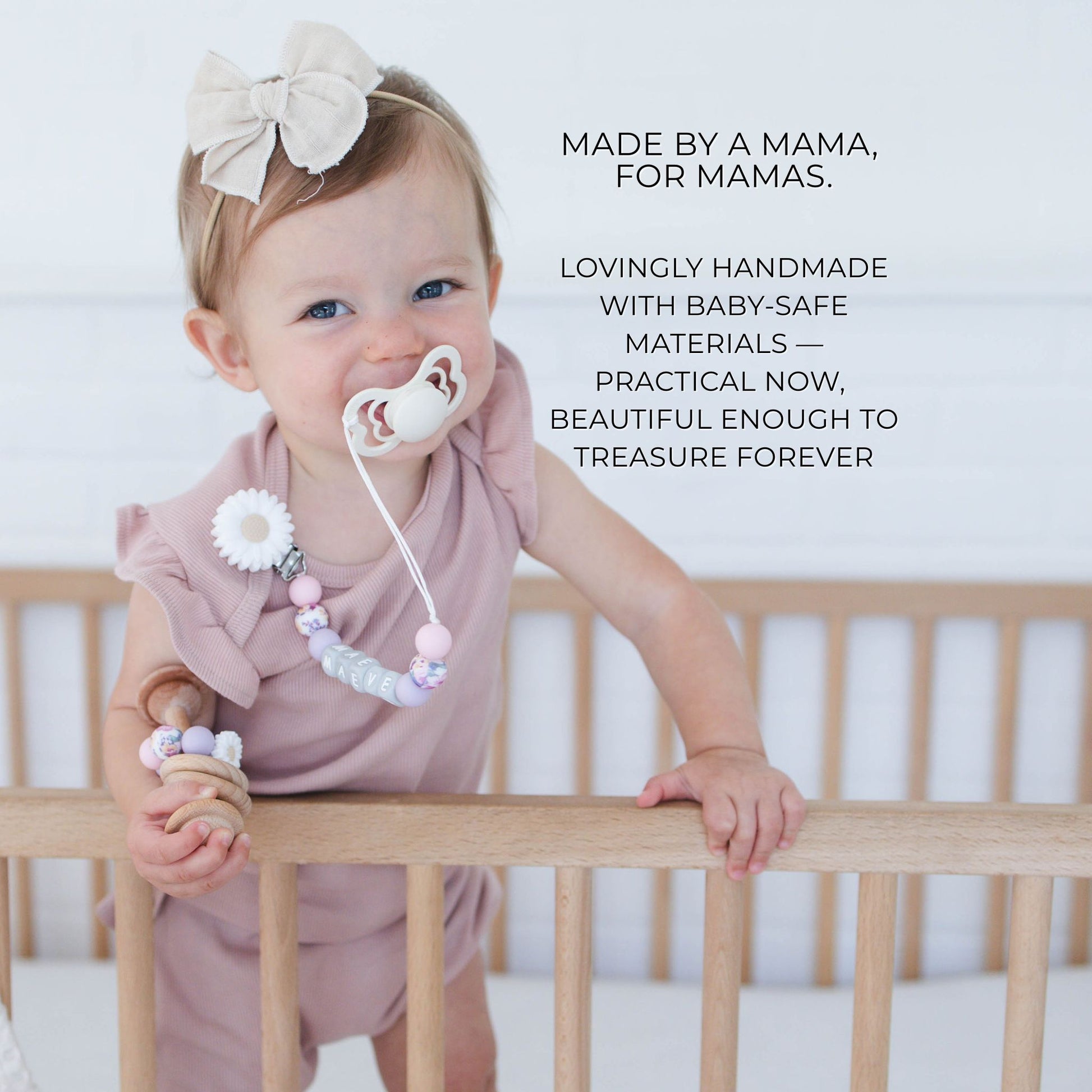 White flower Pacifier Clip & Matching Rattle - itty Bitty Keepsake