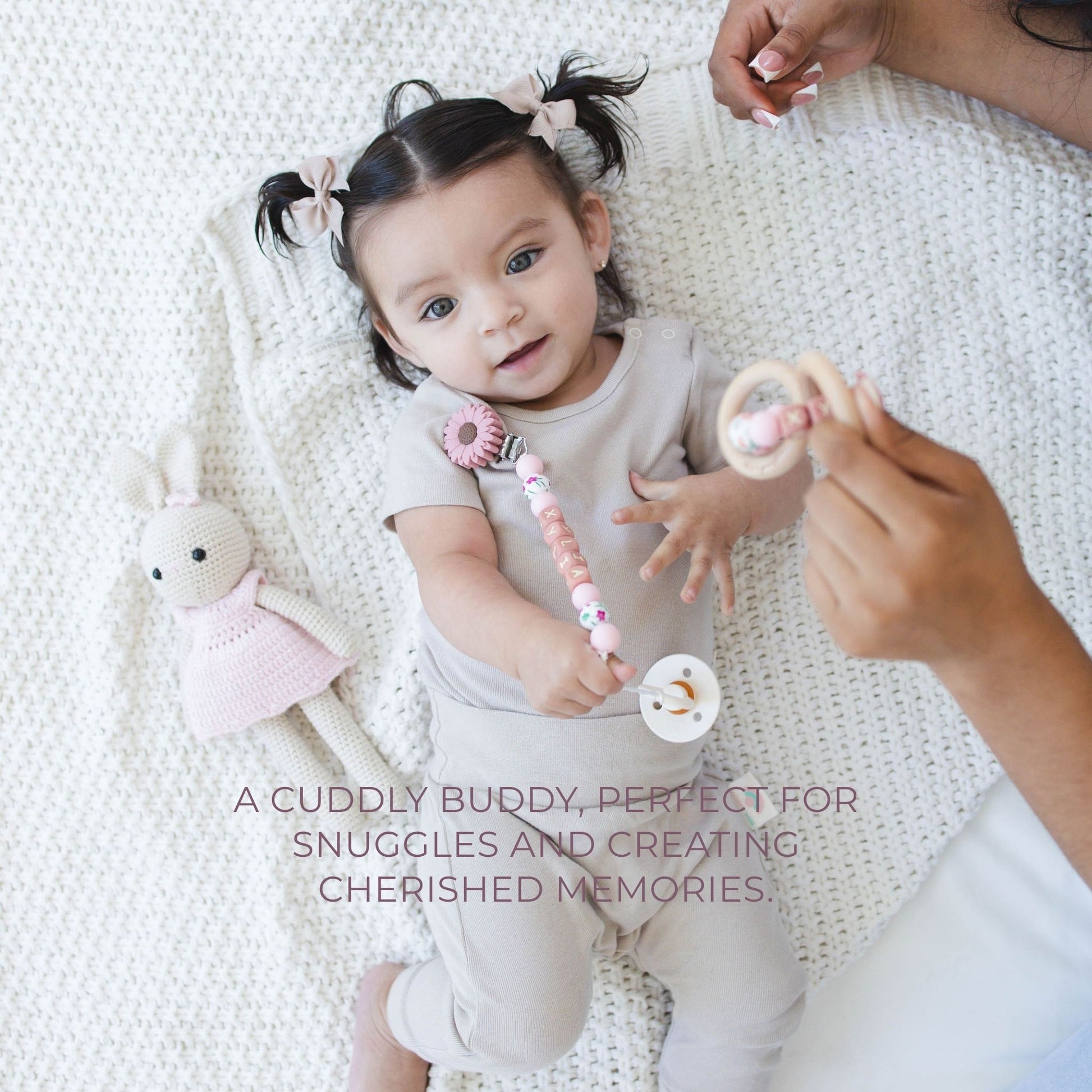 Personalized Pacifier Clip & Wooden Rattle Gift Set with Crochet Bunny - itty Bitty Keepsake