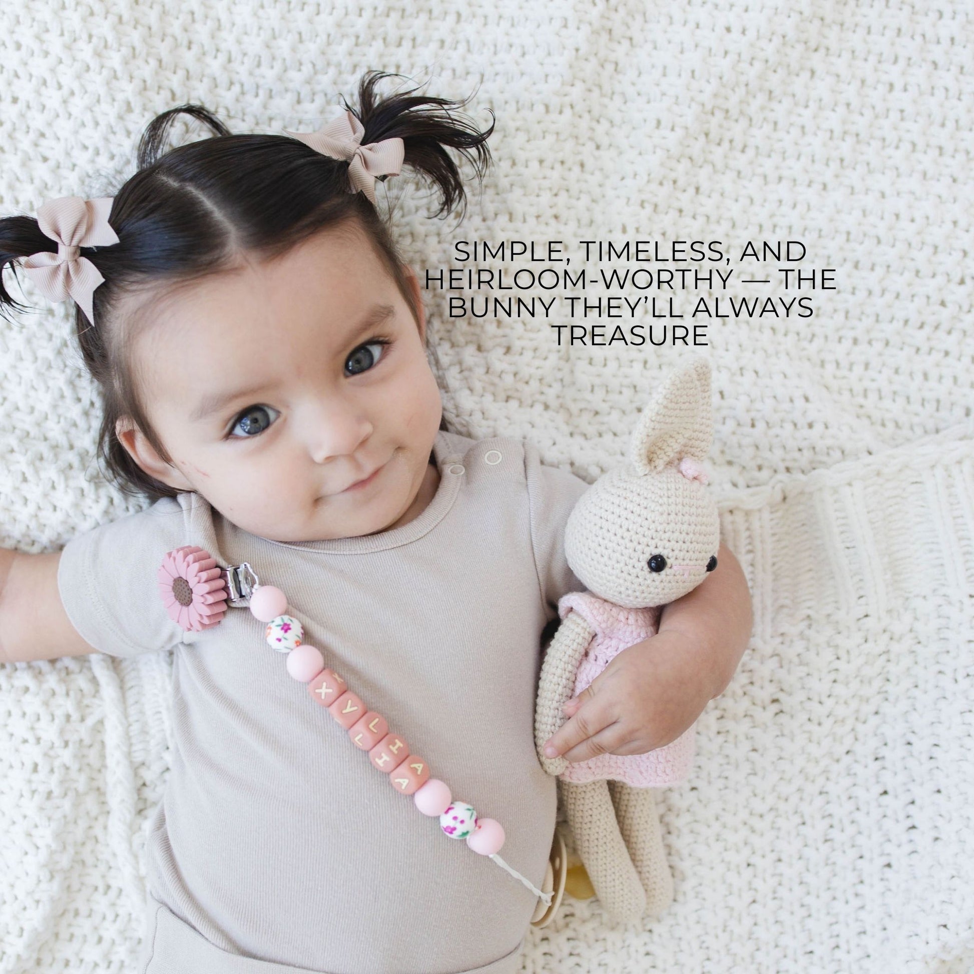 Personalized Pacifier Clip & Wooden Rattle Gift Set with Crochet Bunny - itty Bitty Keepsake