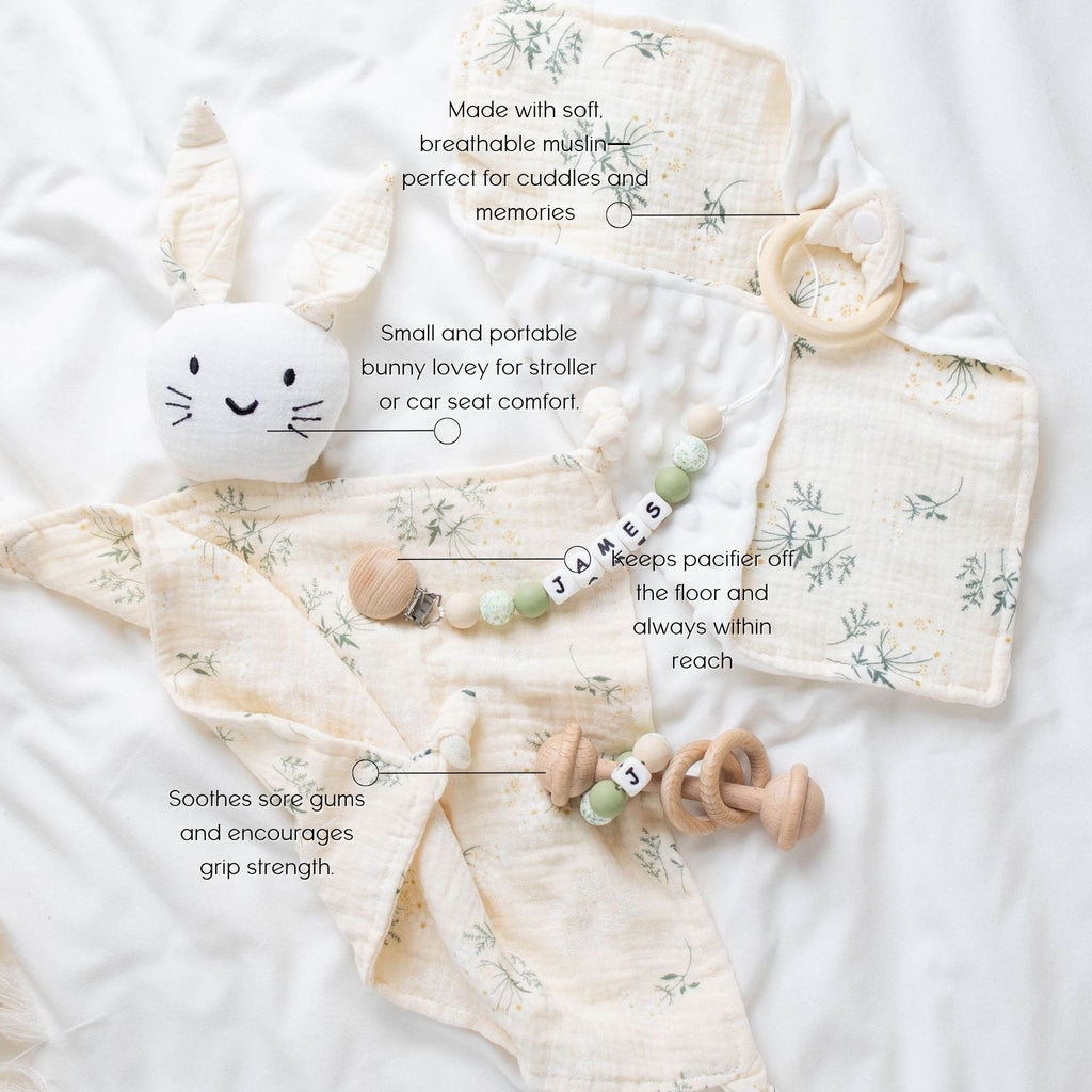 Heirloom Baby Gift Set – Pacifier Clip, Bunny Lovey, Rattle & Mini Blanket - itty Bitty Keepsake