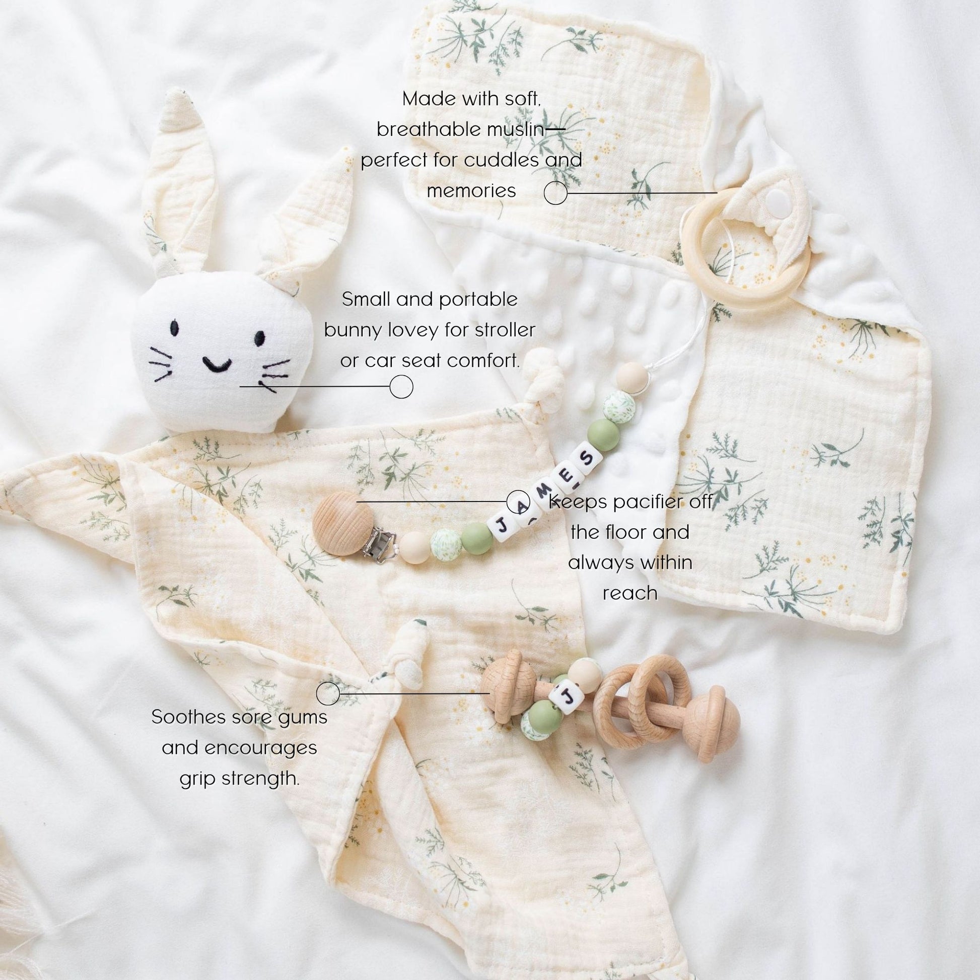 Heirloom Baby Gift Set – Pacifier Clip, Bunny Lovey, Rattle & Mini Blanket - itty Bitty Keepsake