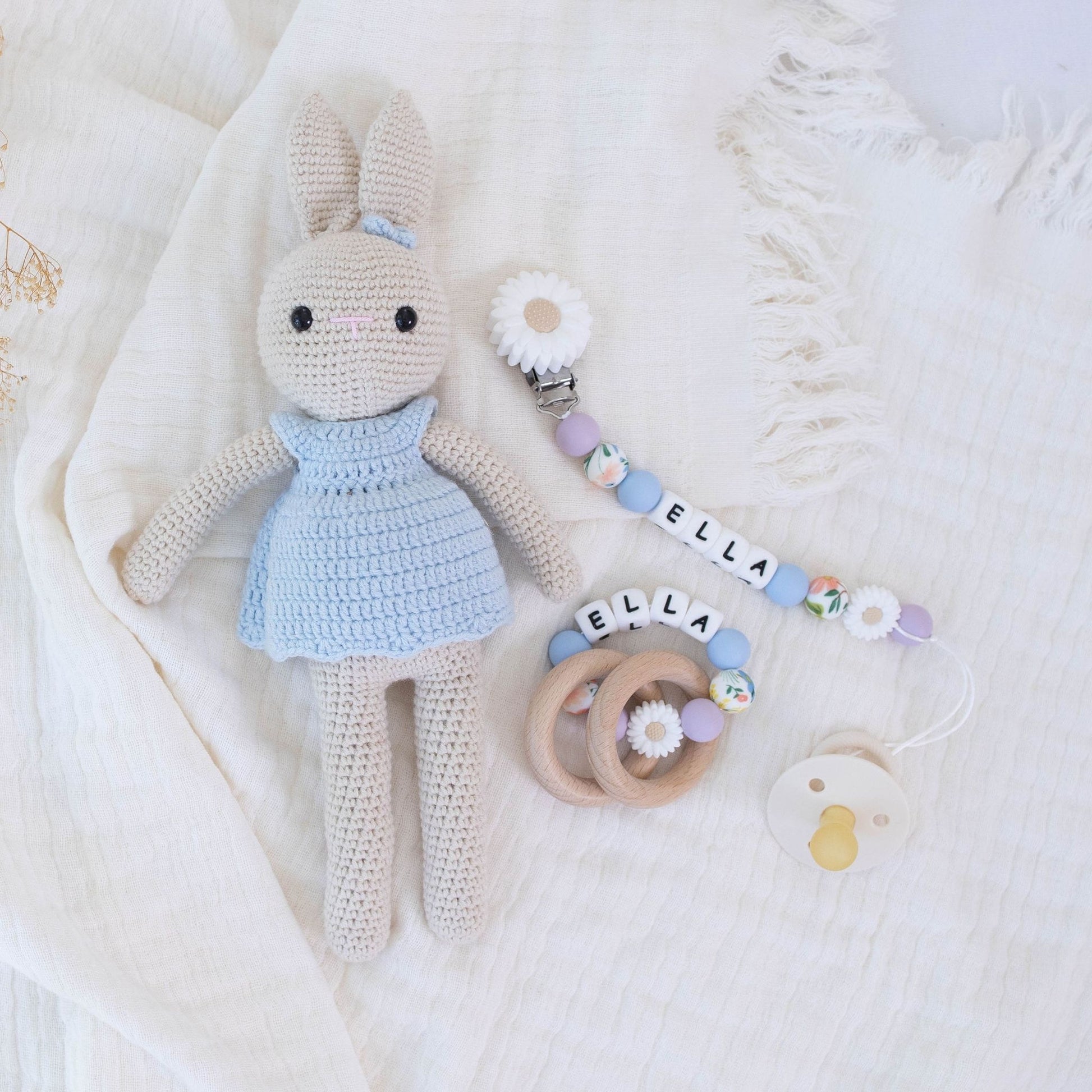 Personalized Pacifier Clip & Wooden Rattle Set with Light Blue Crochet Bunny – Custom Baby Shower Gift, Newborn Girl Keepsake - itty Bitty Keepsake