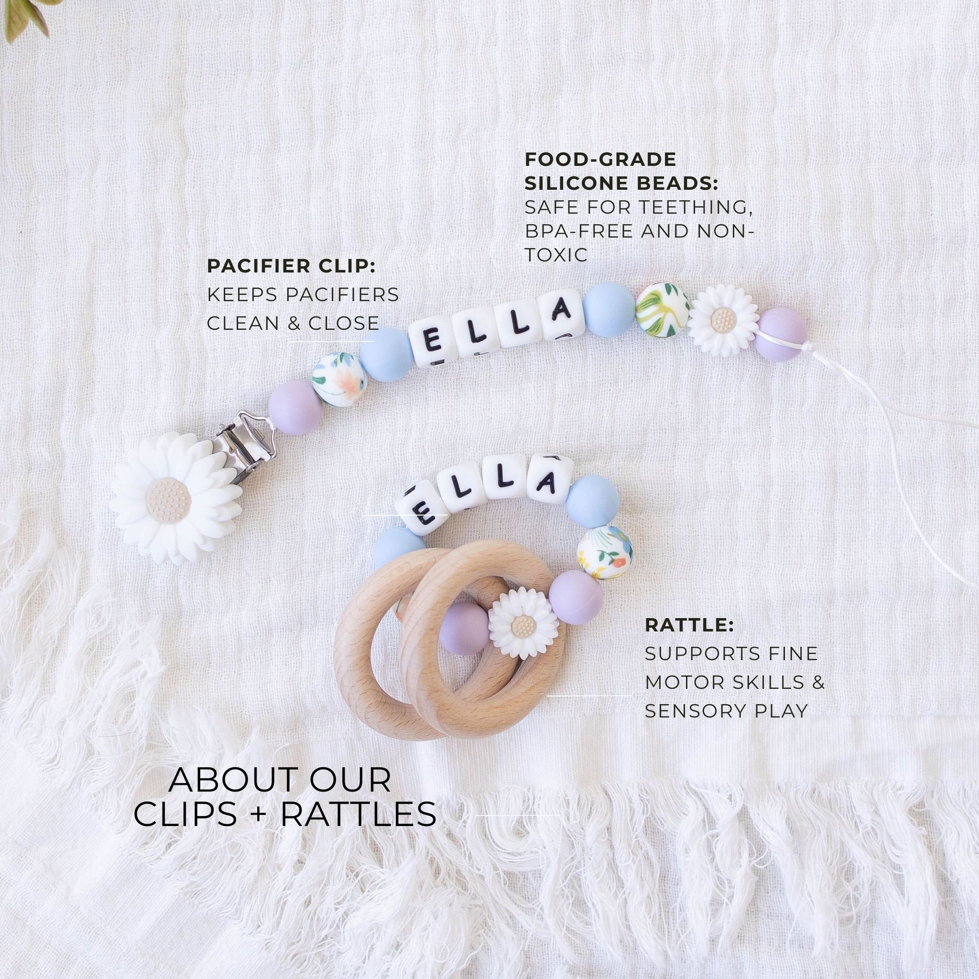 Personalized Pacifier Clip & Wooden Rattle Set with Light Blue Crochet Bunny – Custom Baby Shower Gift, Newborn Girl Keepsake - itty Bitty Keepsake