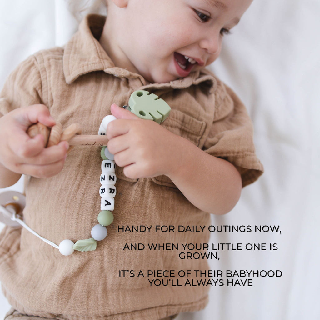 Green Leaf Pacifier Clip with Matching Rattle - itty Bitty Keepsake