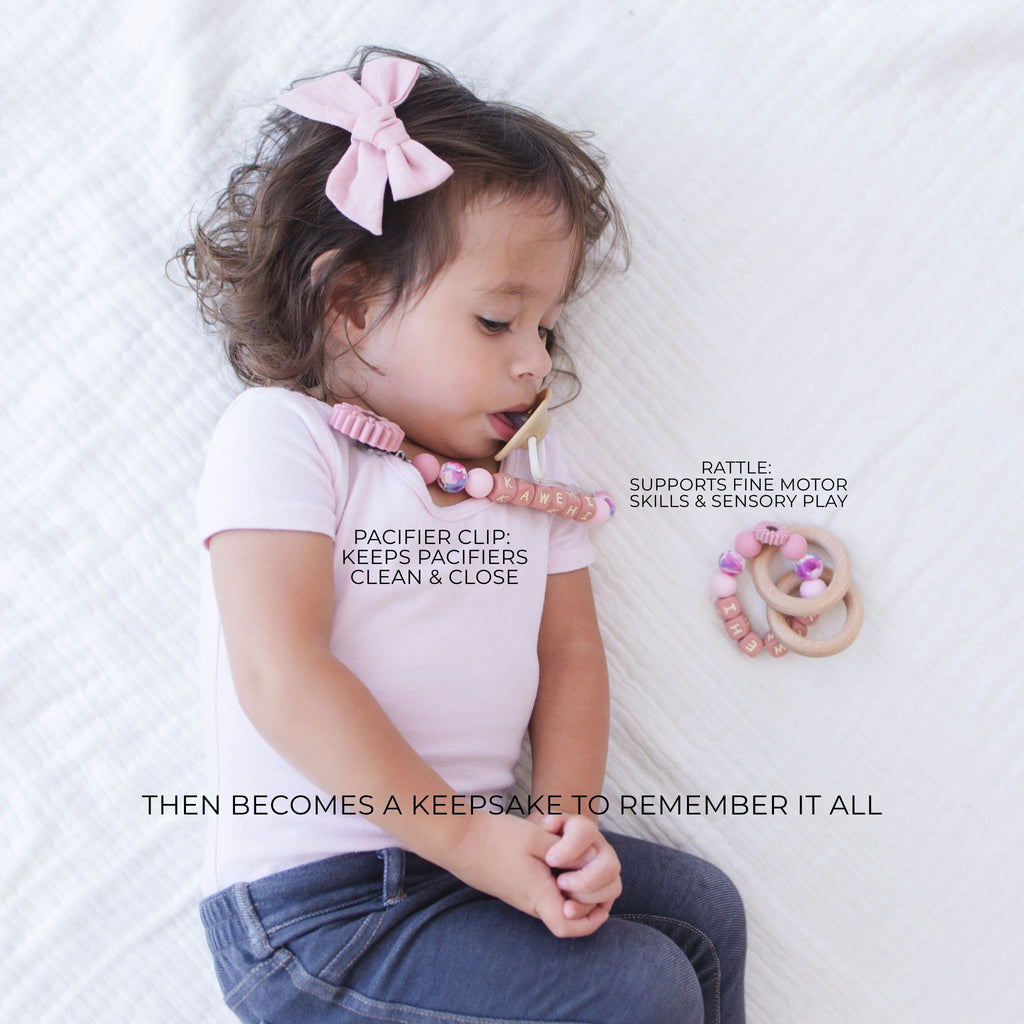 Dark Pink Flower Pacifier Clip & Rattle - itty Bitty Keepsake