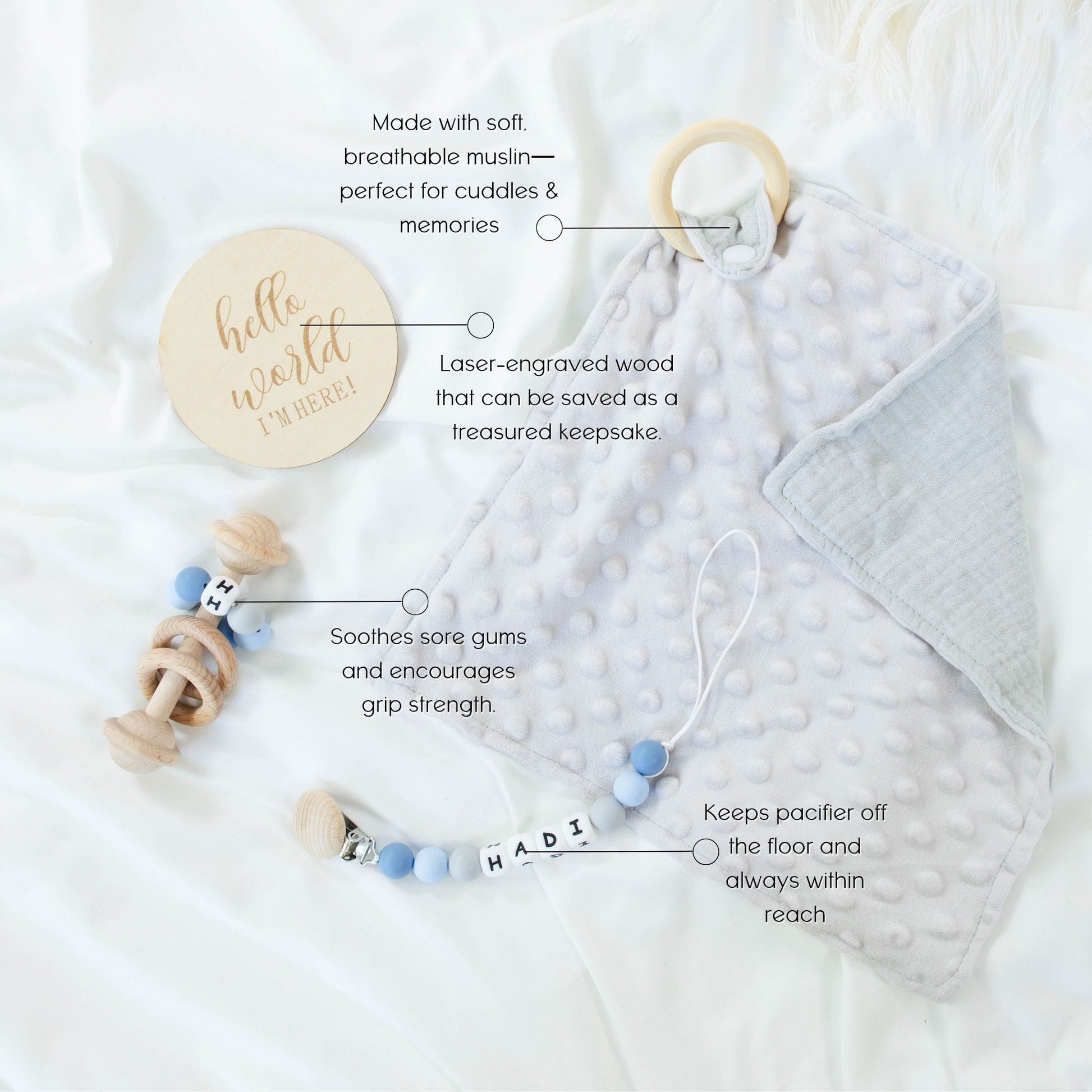 Baby Boy Gift Set – Mini Lovey, Name Clip, Rattle & Birth Announcement Plaque - itty Bitty Keepsake
