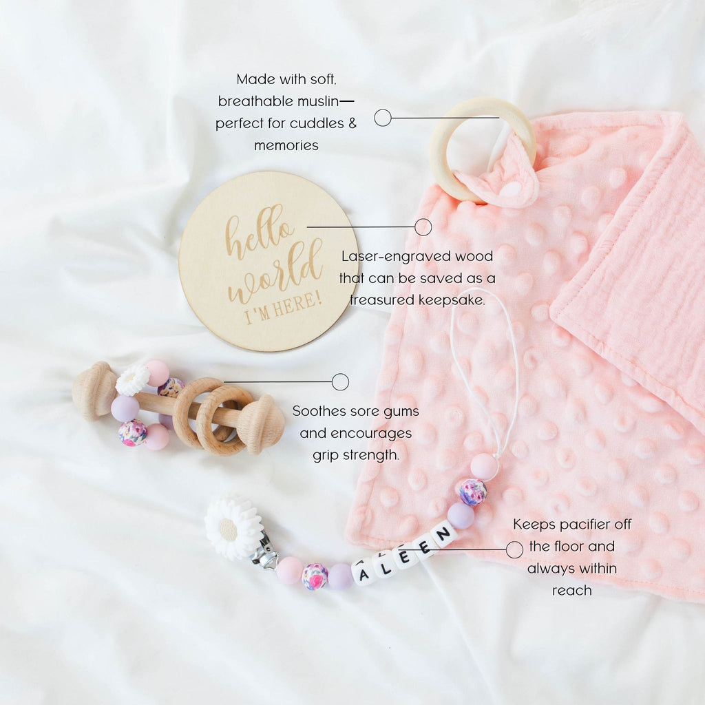 Baby Girl Gift Set – Mini Lovey, Name Clip, Rattle & Birth Announcement Plaque - itty Bitty Keepsake