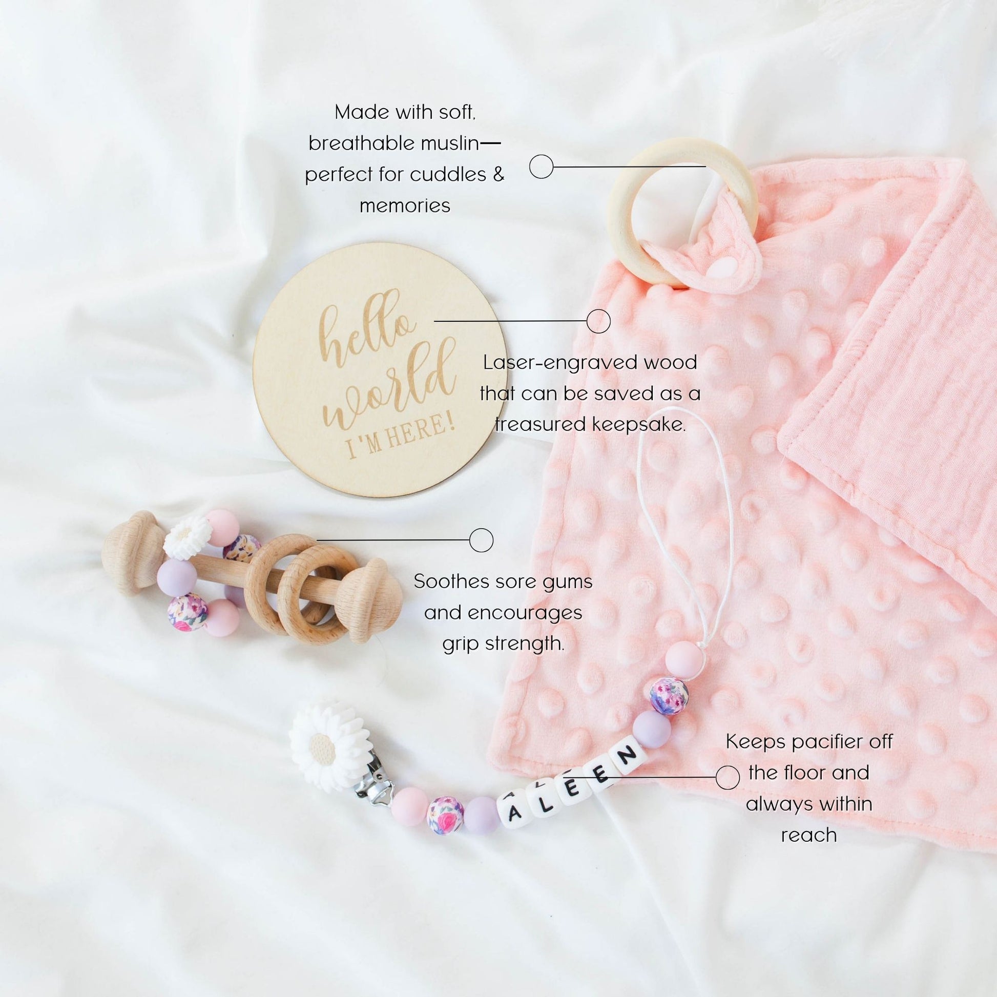 Baby Girl Gift Set – Mini Lovey, Name Clip, Rattle & Birth Announcement Plaque - itty Bitty Keepsake