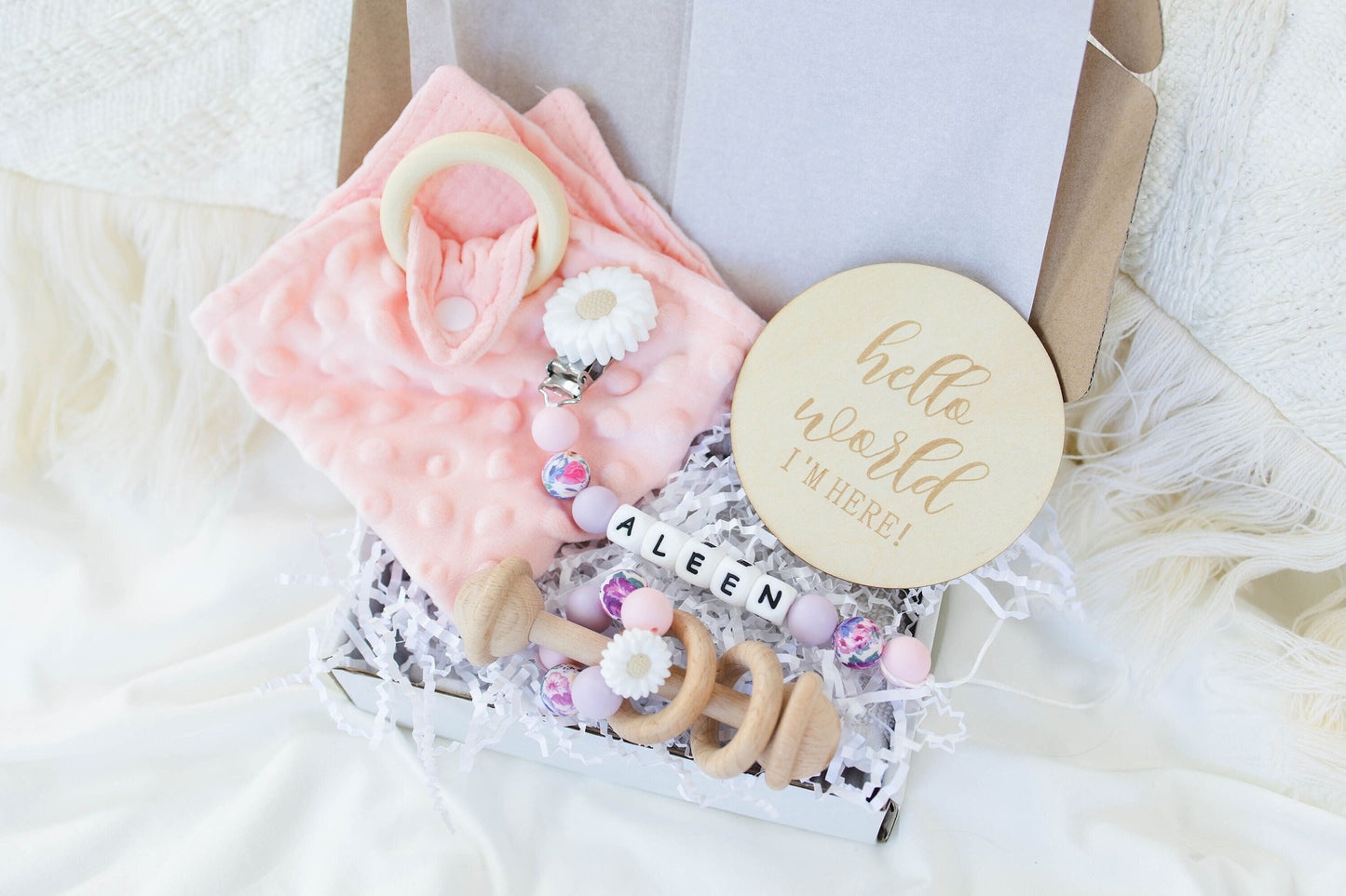 Pink Mini Secuirty Blanket with Customized Clip & Rattle Gift set