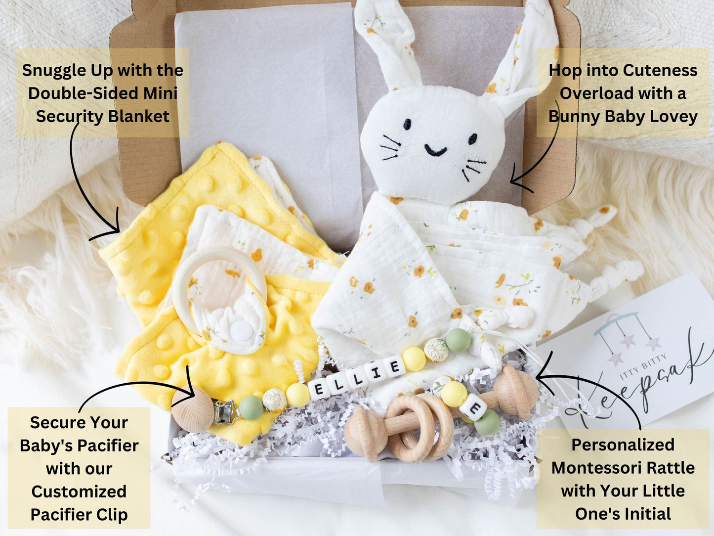 Bunny Lovey & Custom Pacifier Clip & Rattle Gift Set