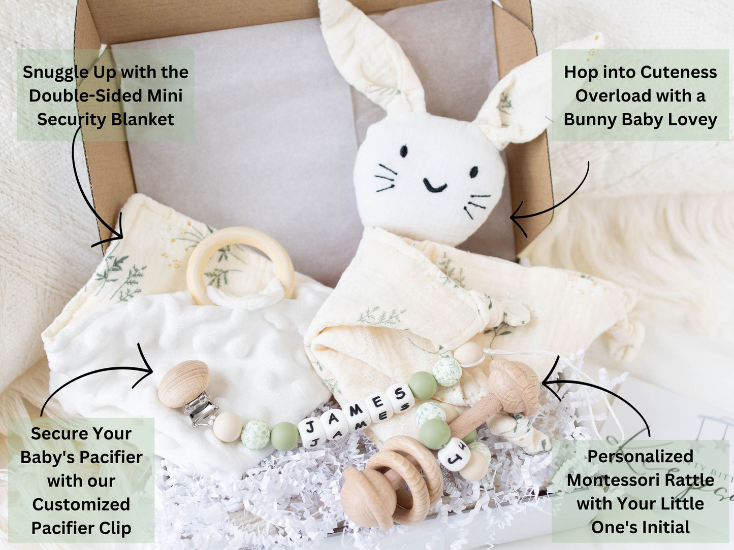 Bunny Lovey & Custom Pacifier Clip & Rattle Gift Set