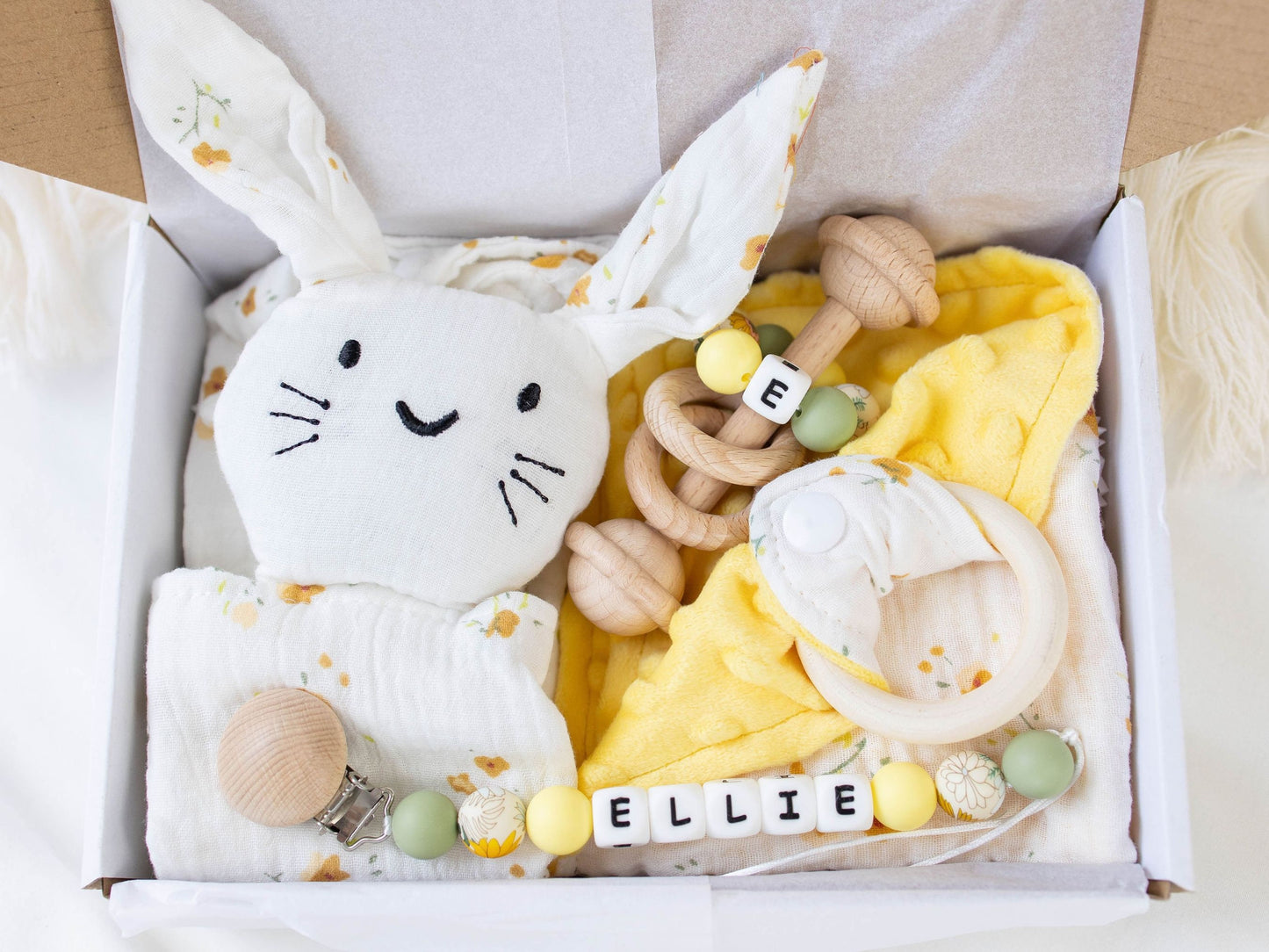 Bunny Lovey & Custom Pacifier Clip & Rattle Gift Set