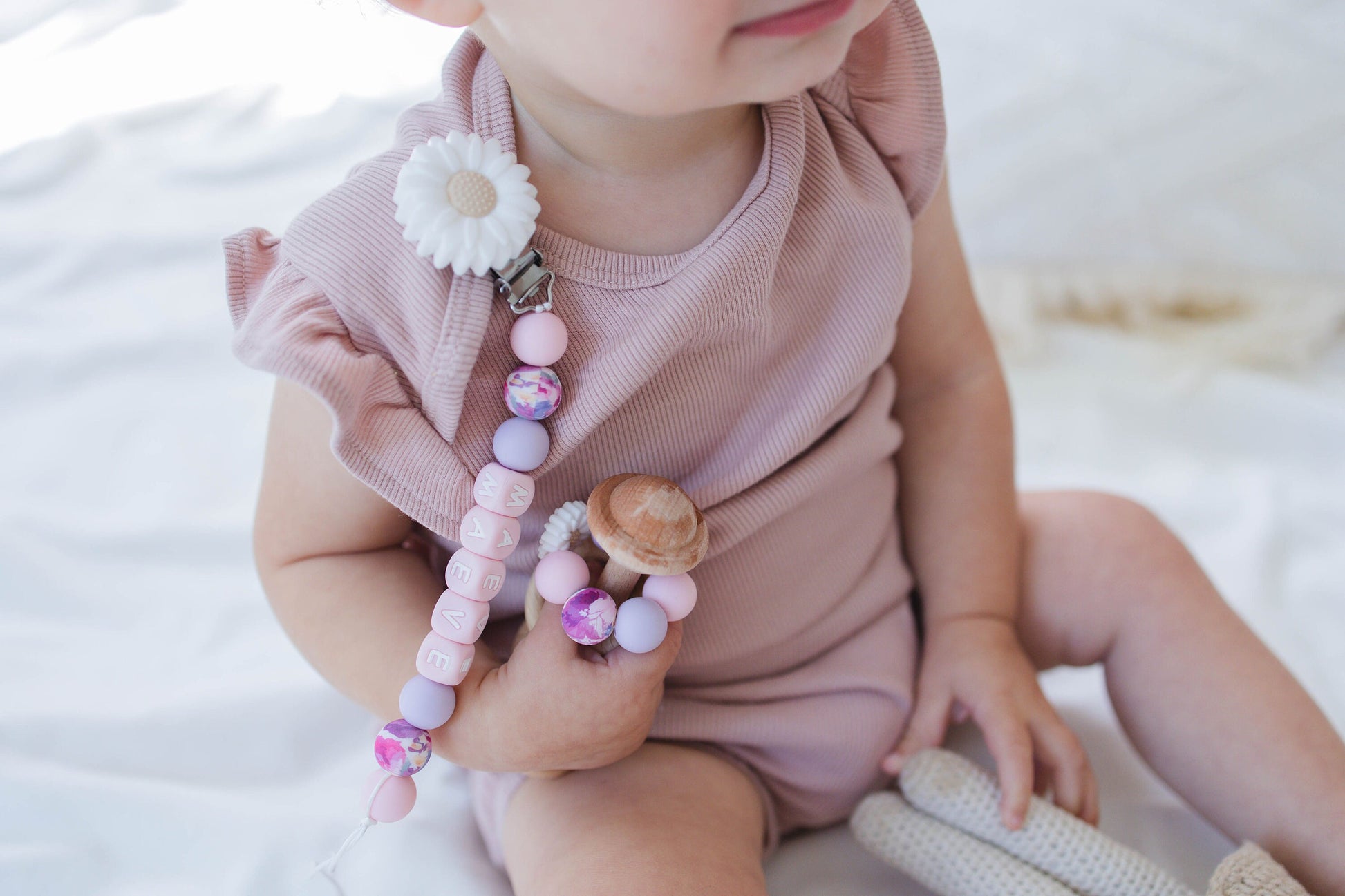 Personalized White flower Pacifier Clip with Matching Rattle