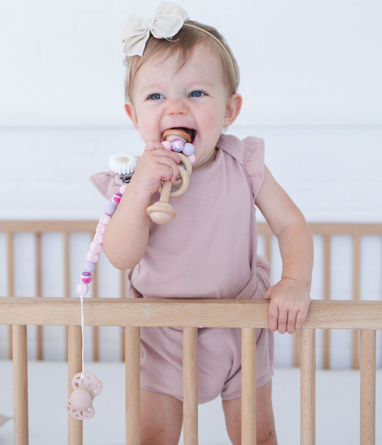 Personalized White flower Pacifier Clip with Matching Rattle