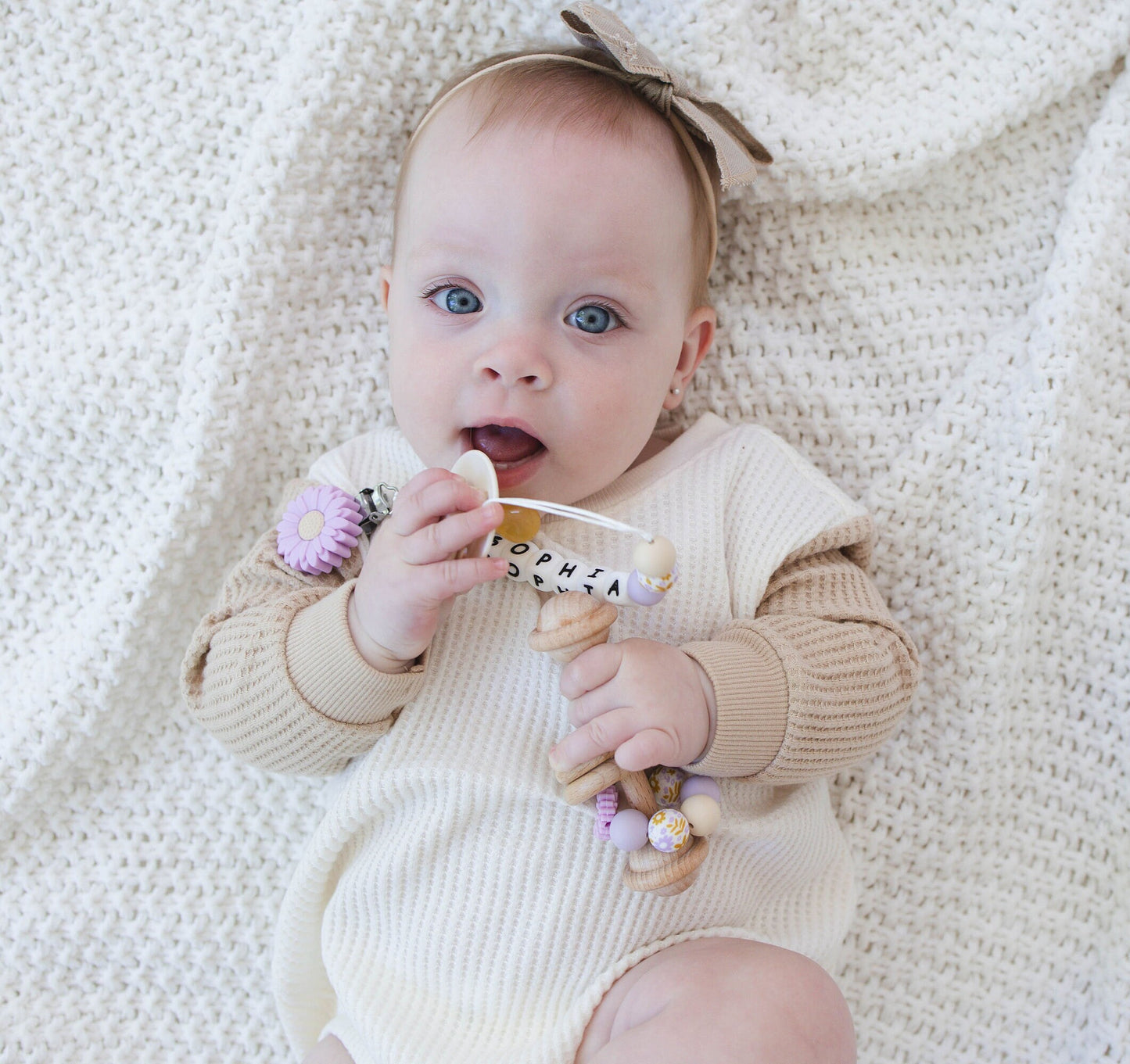 Personalized purple Flower Pacifier Clip with Matching Rattle