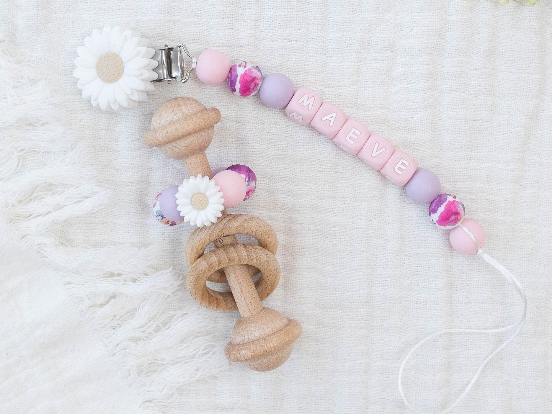 Personalized White flower Pacifier Clip with Matching Rattle