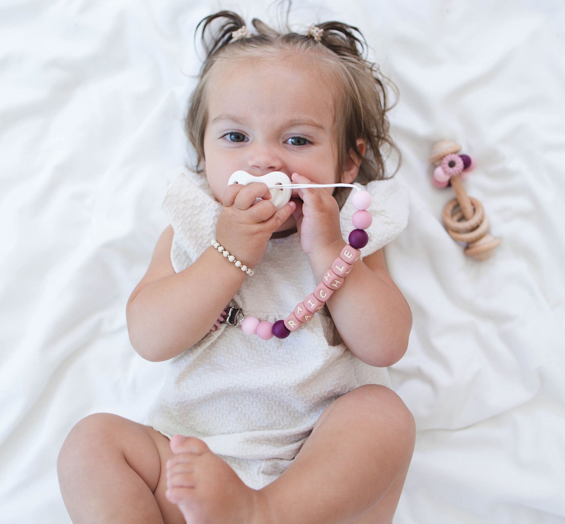 Personalized Dusty Pink Flower Paci Clip with Matching Rattle