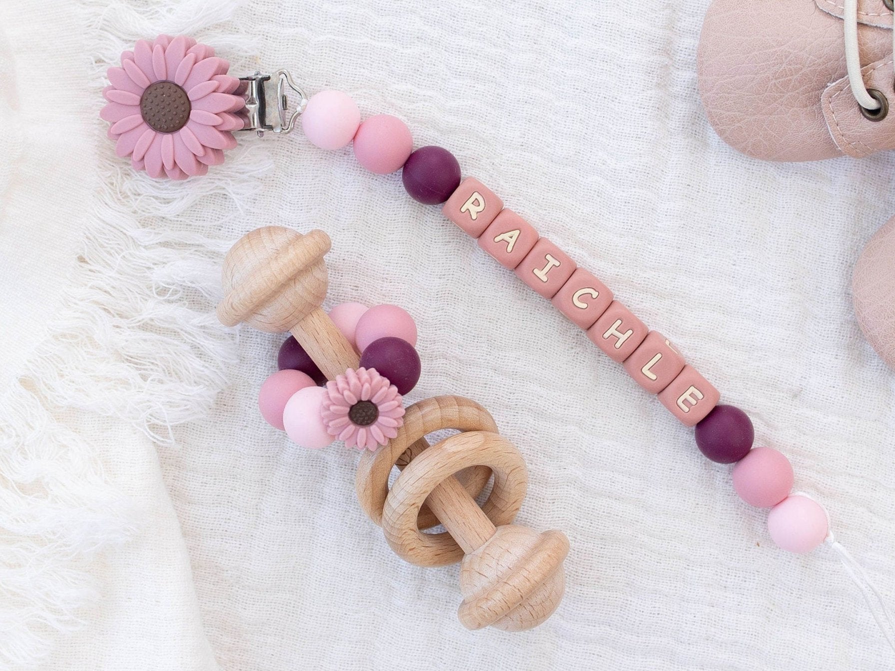 Personalized Dusty Pink Flower Paci Clip with Matching Rattle