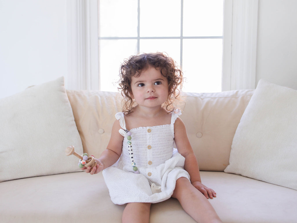 Personalized White flower Pacifier Clip with Matching Rattle