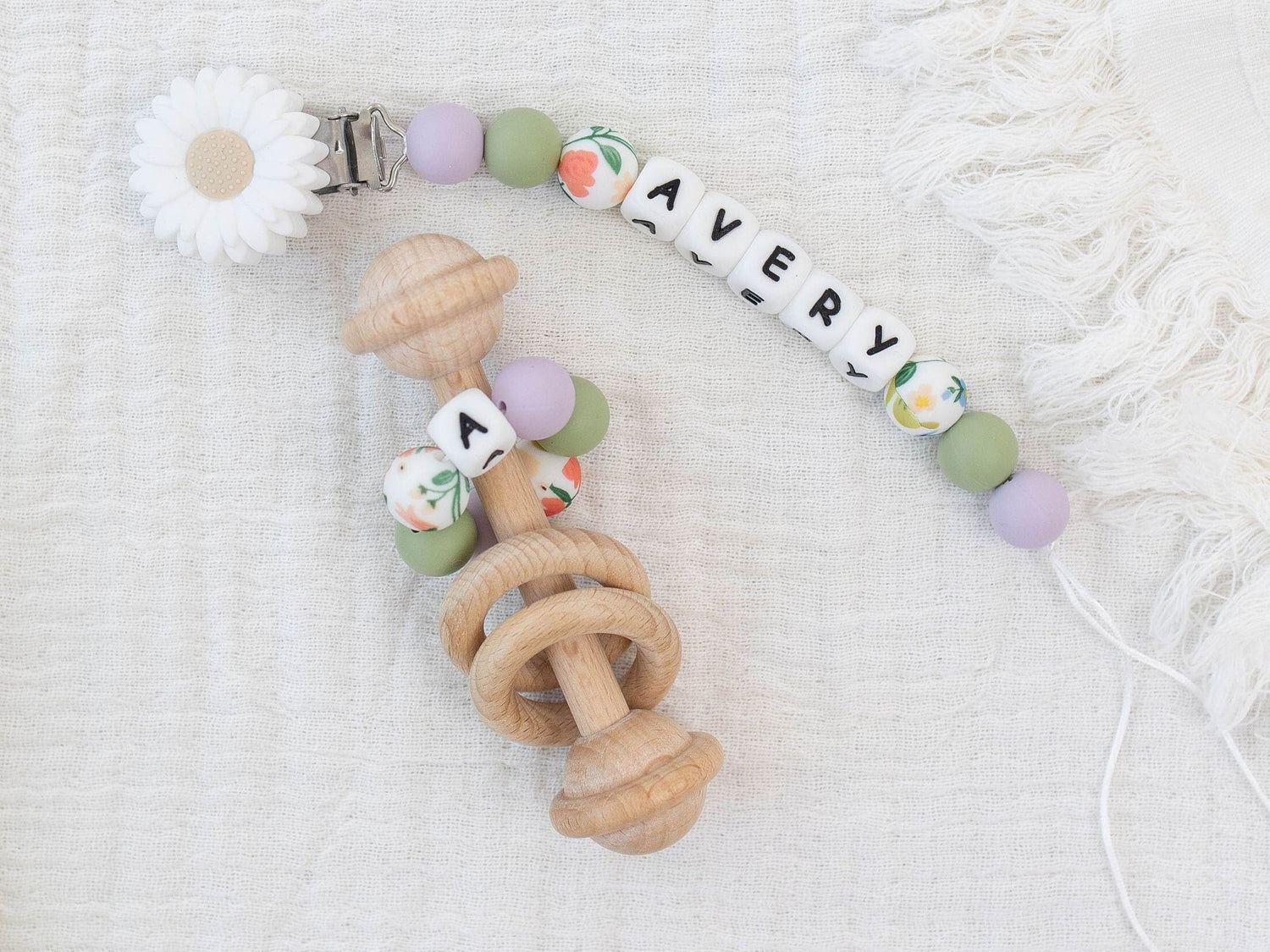 Personalized White flower Pacifier Clip with Matching Rattle