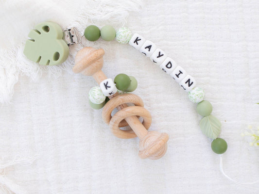 Personalized Green Leaf Pacifier Clip with Matching Rattle