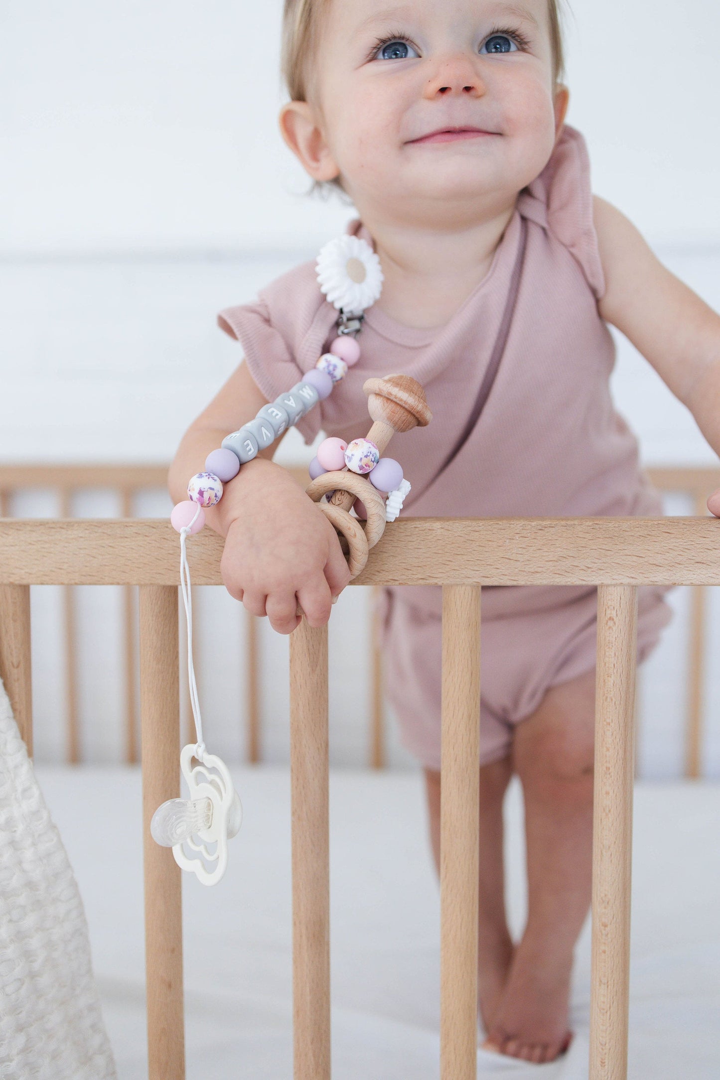 Personalized White flower Pacifier Clip with Matching Rattle