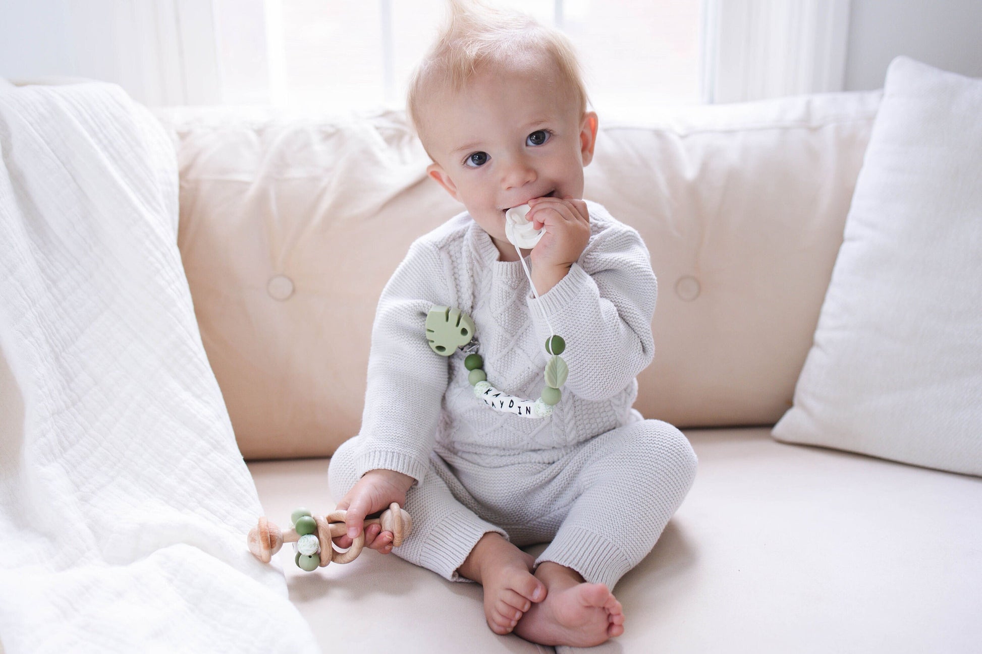 Personalized Green Leaf Pacifier Clip with Matching Rattle