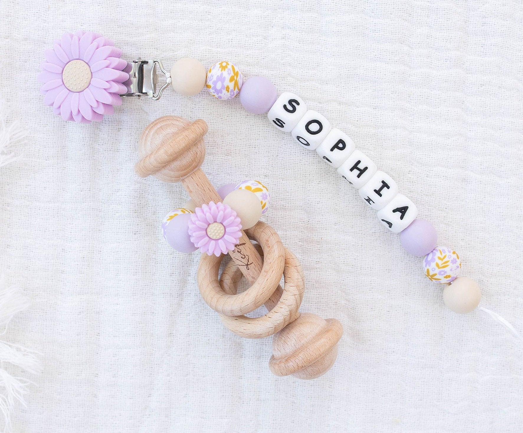 Personalized purple Flower Pacifier Clip with Matching Rattle