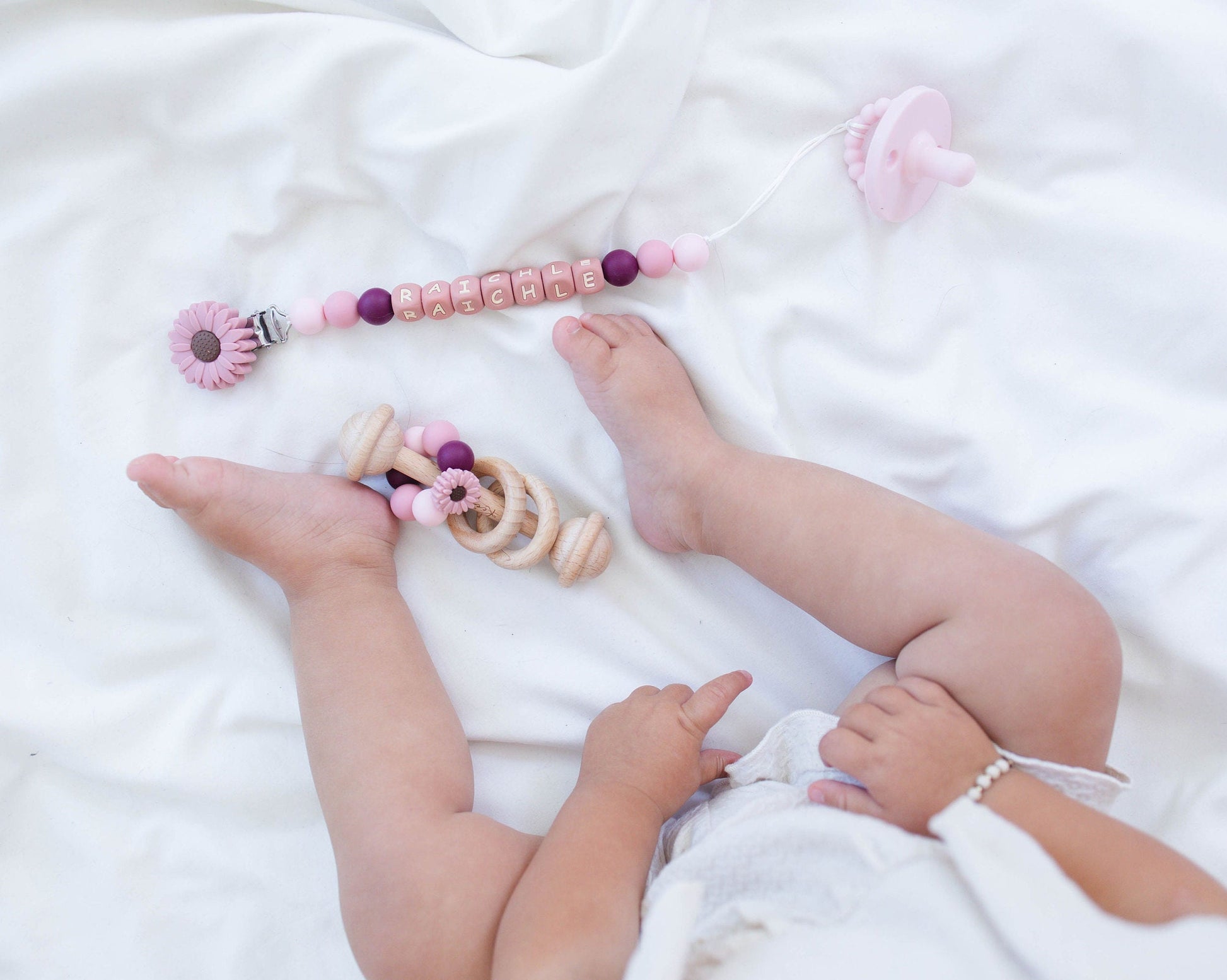 Personalized Dusty Pink Flower Paci Clip with Matching Rattle