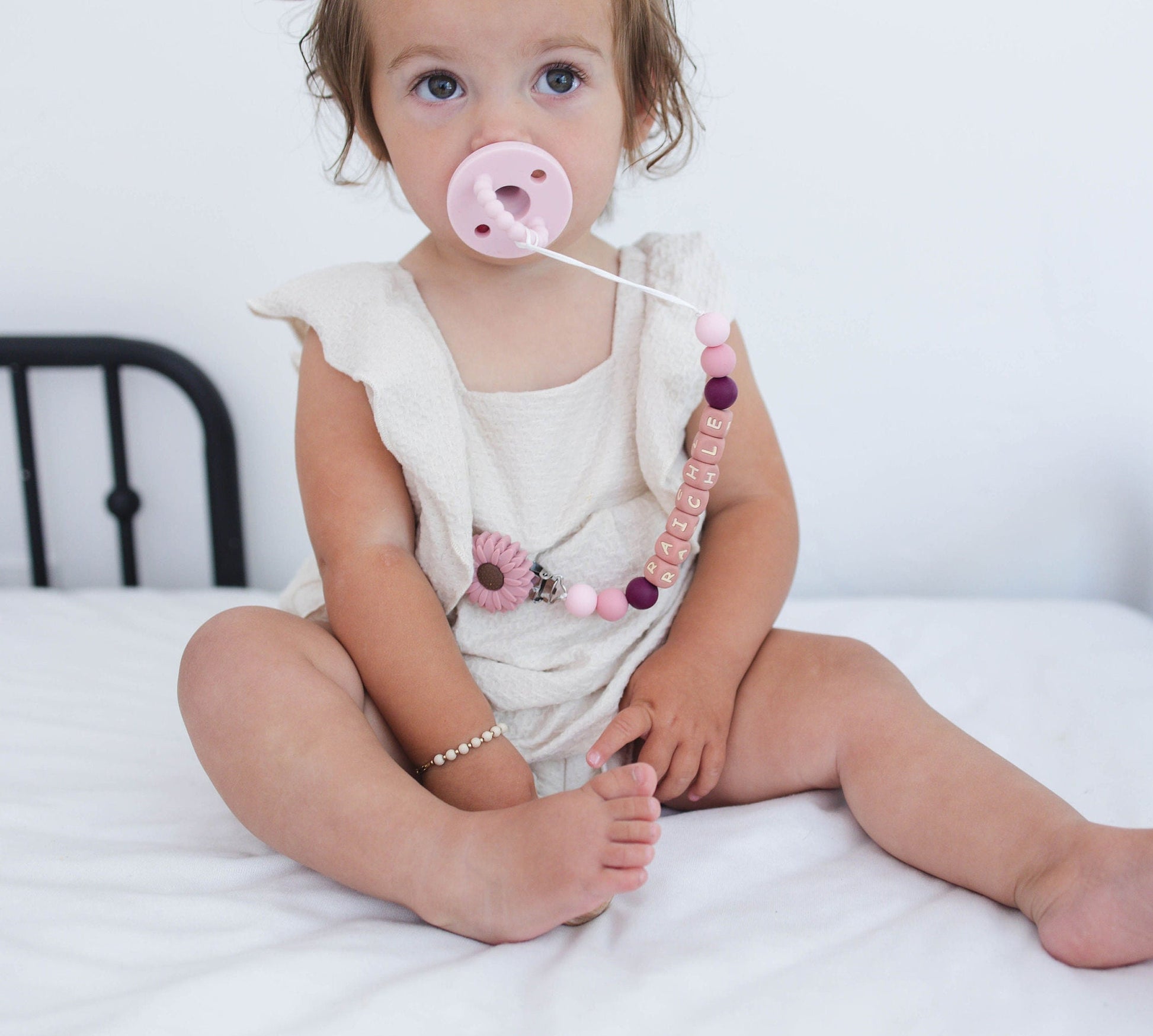 Personalized Dusty Pink Flower Paci Clip with Matching Rattle