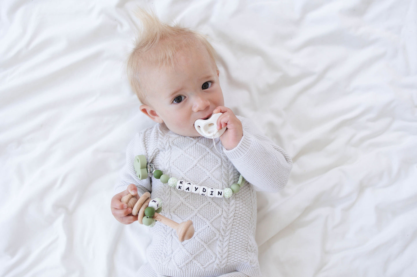 Personalized Green Leaf Pacifier Clip with Matching Rattle