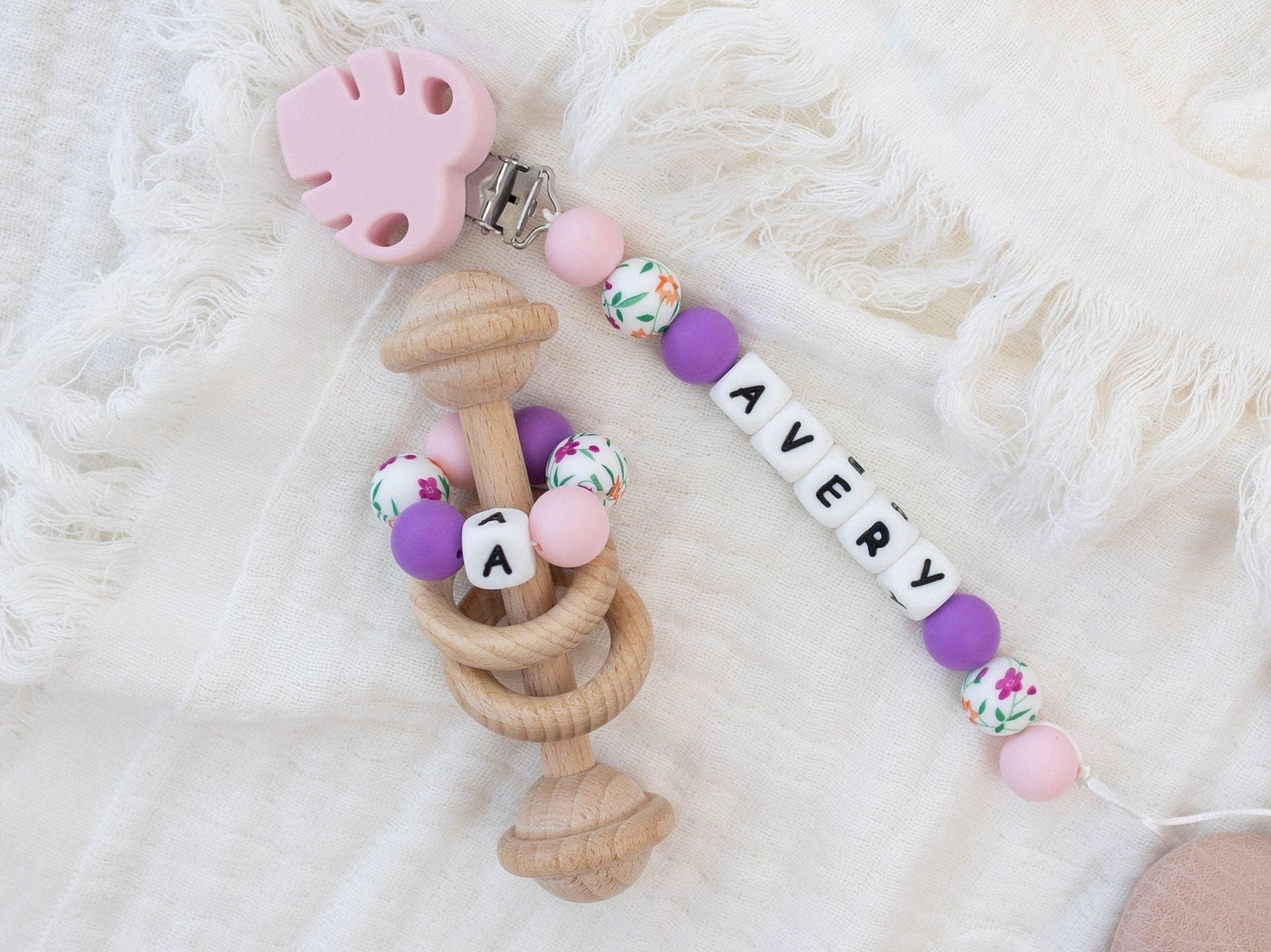 Personalized Pink Leaf Pacifier Clip with Matching Rattle