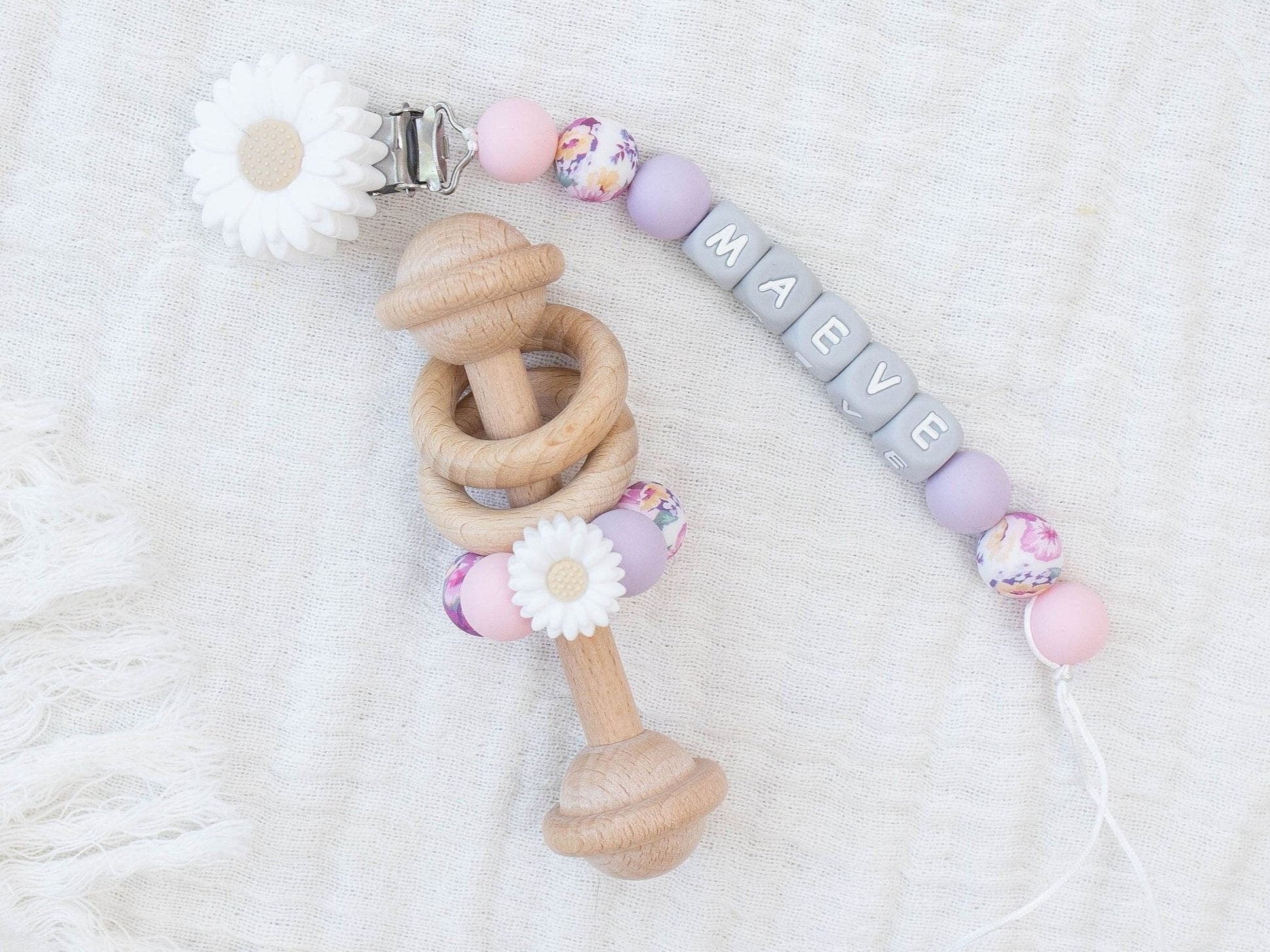 Personalized White flower Pacifier Clip with Matching Rattle