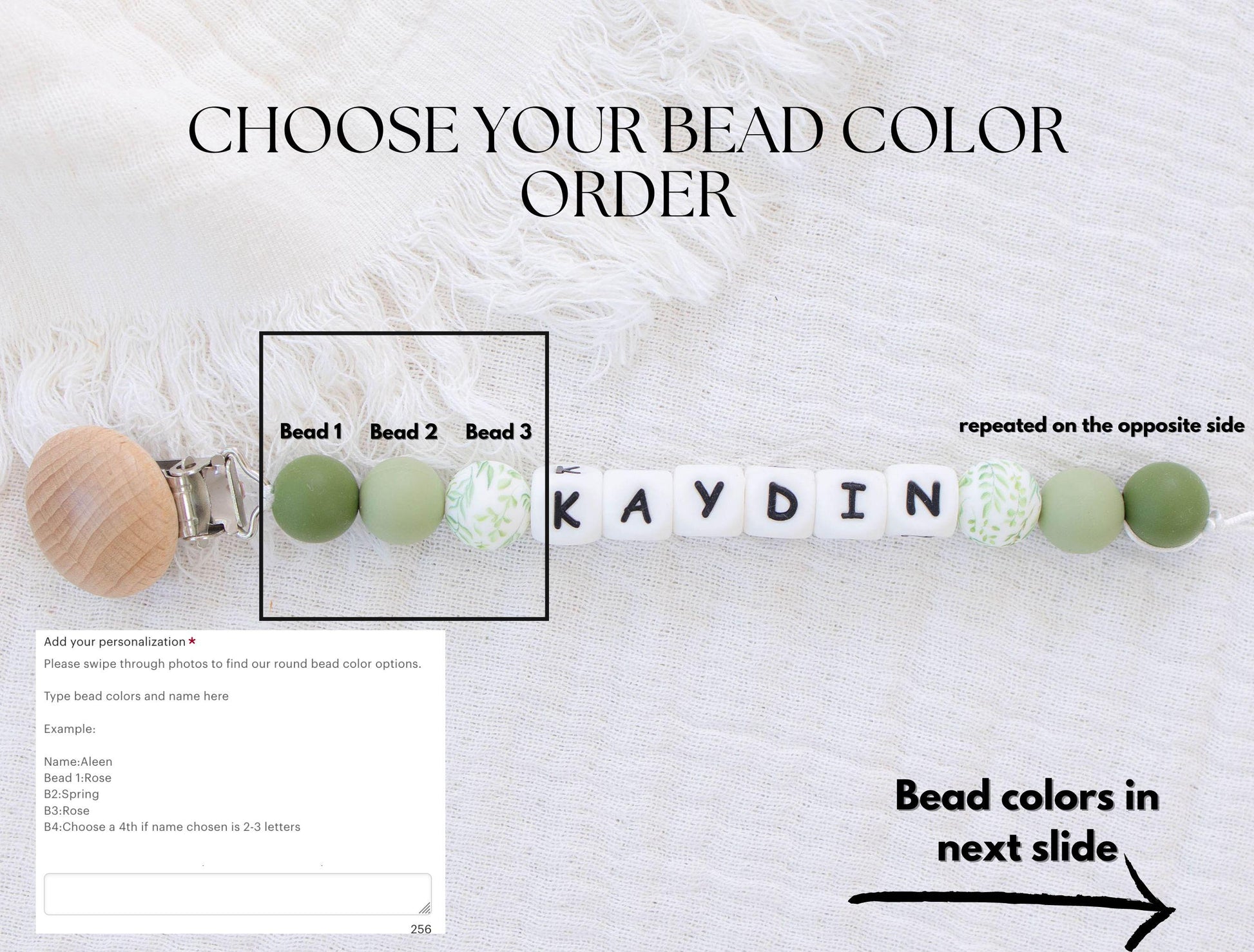 in the next image you will see a list of our bead colors to choose from