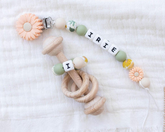 Personalized Peach Colored flower Pacifier Clip with Matching Rattle, Custom Pacifier Clip, Newborn Baby Shower Gift Sets, Montessori Rattle